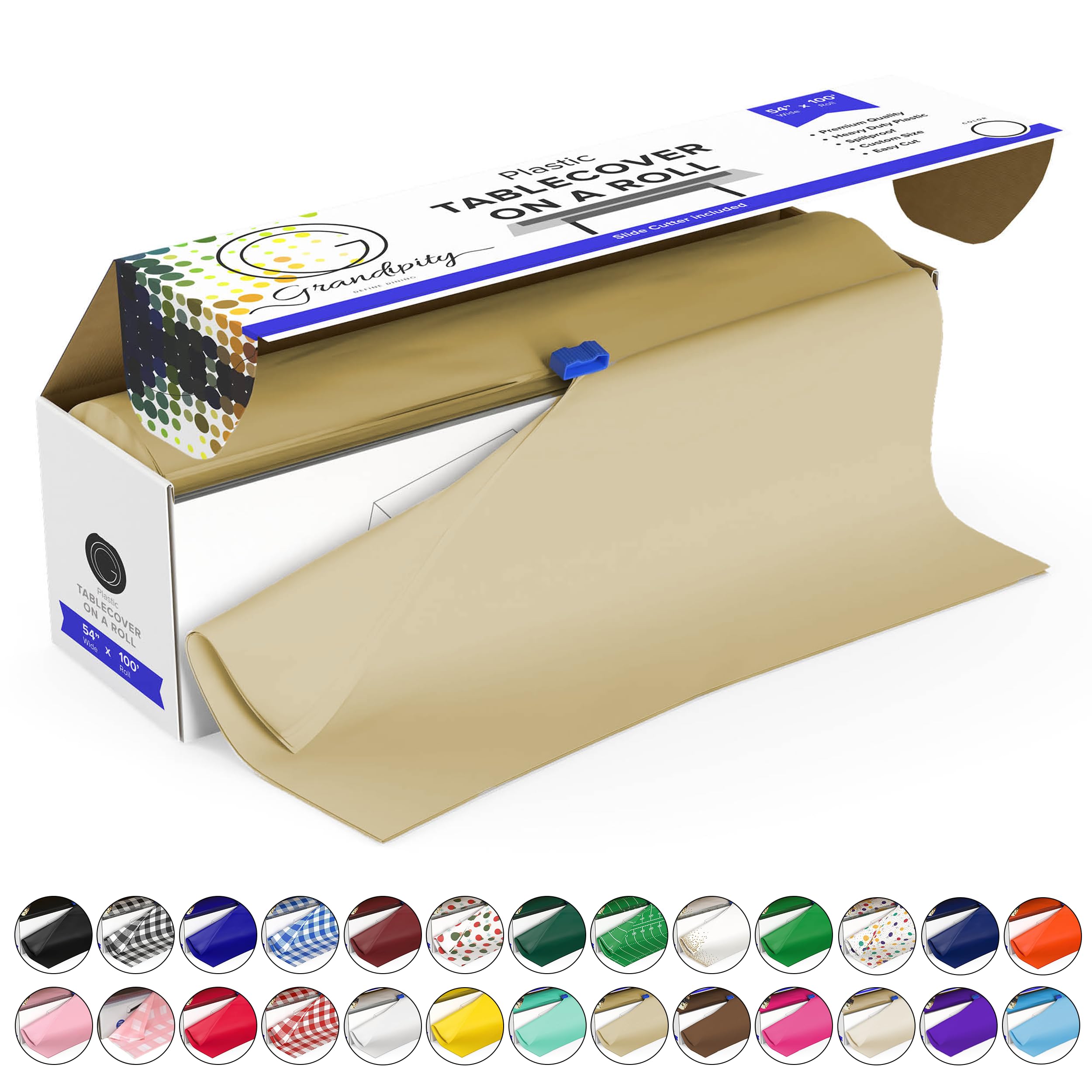 Grandipity Plastic Tablecloth Roll - 54in x 100 Ft. Beige Plastic Table Cloths for Parties Disposable with Cutter Box - Cut to Size Disposable