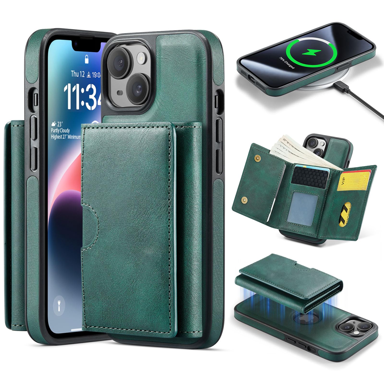 Asuwish Funda de teléfono para iPhone 14 de 6.1 pulgadas, funda magnética desmontable con carga inalámbrica y bloqueo RFID, tarjetero de crédito, soporte abatible para iPhone 14 5G i i-Phone i14 14