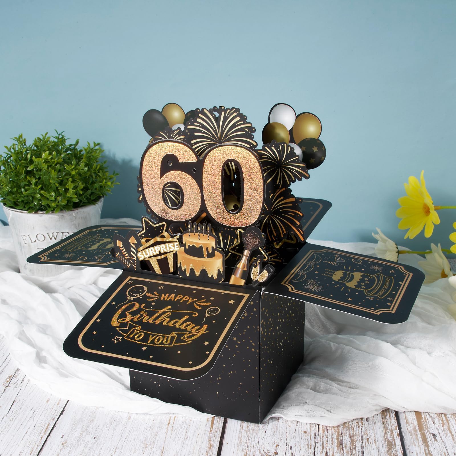 Biglietto Auguri Pop Up 3D Per 60° Compleanno | Con Fiori E Farfalle | Buon 60esimo Compleanno | Inclusa Busta E Cartellino