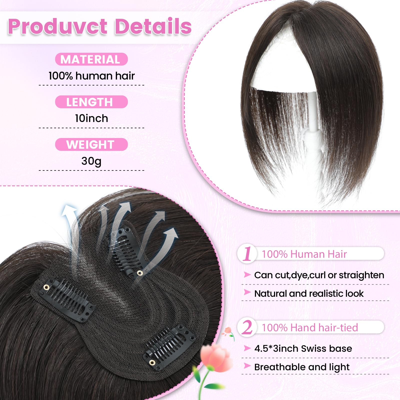 Hair Toppers for Women Fluffy Human Hair Topper 10inch Handmade Swiss Base Hairpieces 360° Cover Hairloss and Grey Hair (Dark Brown) - Image 2