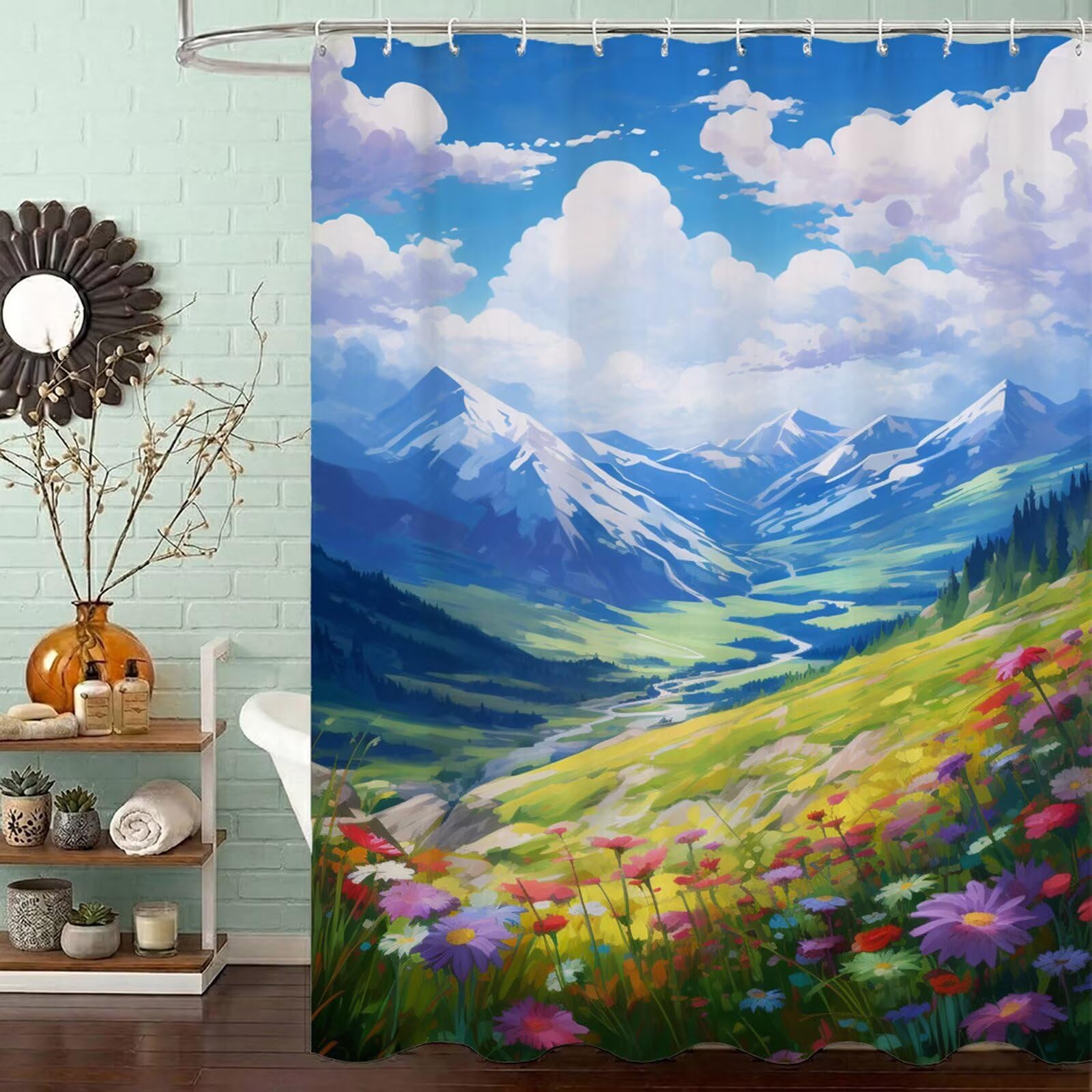 Zasłona prysznicowa z motywem krajobrazu, 200 x 240 cm, wodoodporna, szybkoschnąca tkanina poliestrowa, bardzo długa zasłona prysznicowa z obciążonym dnem i 12 haczykami, nadaje się do prania, zasłona