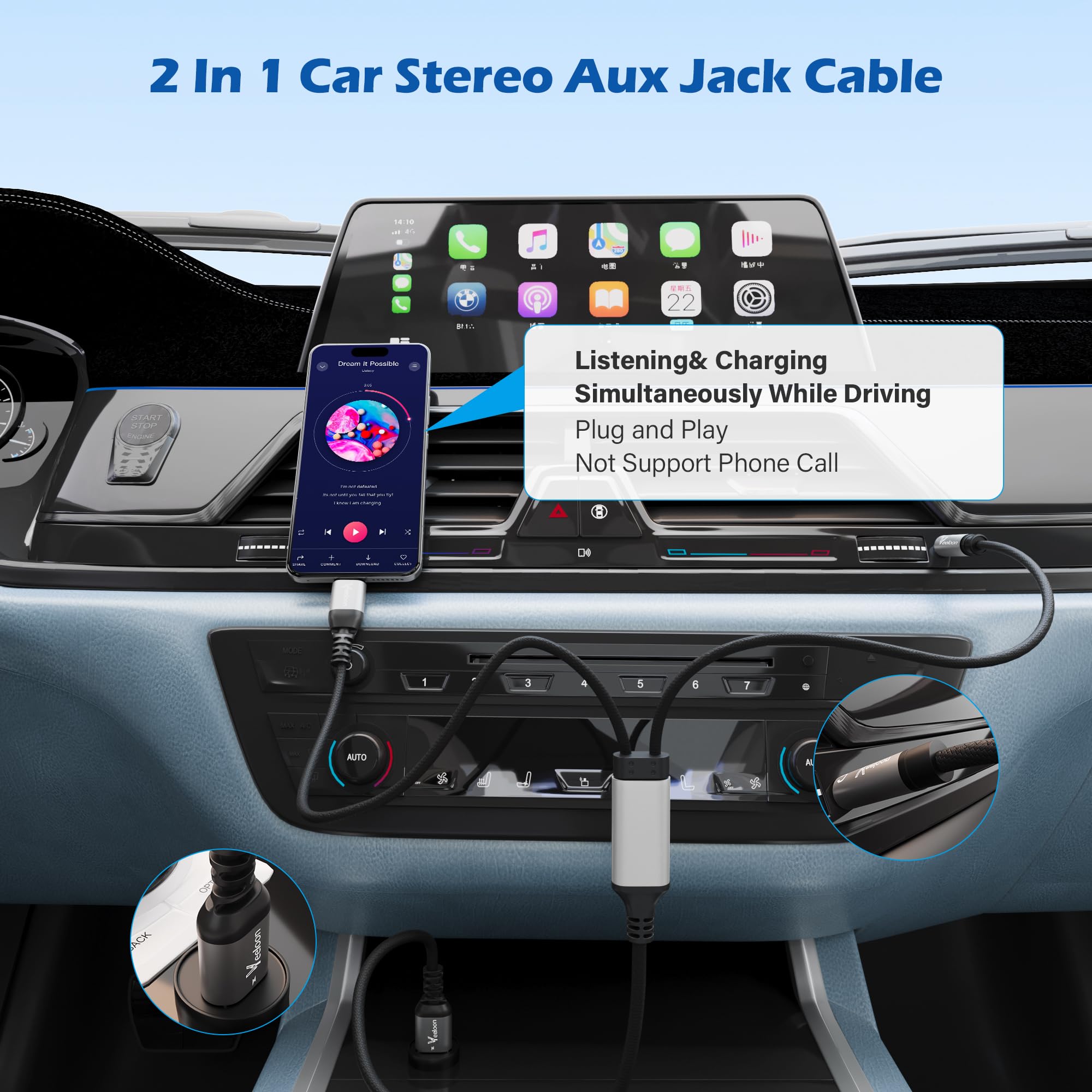 Cavo da USB C a AUX da 3,5 mm con ricarica rapida da 60 W, 2 in 1 da USB C a jack AUX da 3,5 mm per autoradio con cavo di ricarica PD da 60 W di tipo C, 1,5 m, compatibile con iPhone 16/15/Pro, Galaxy