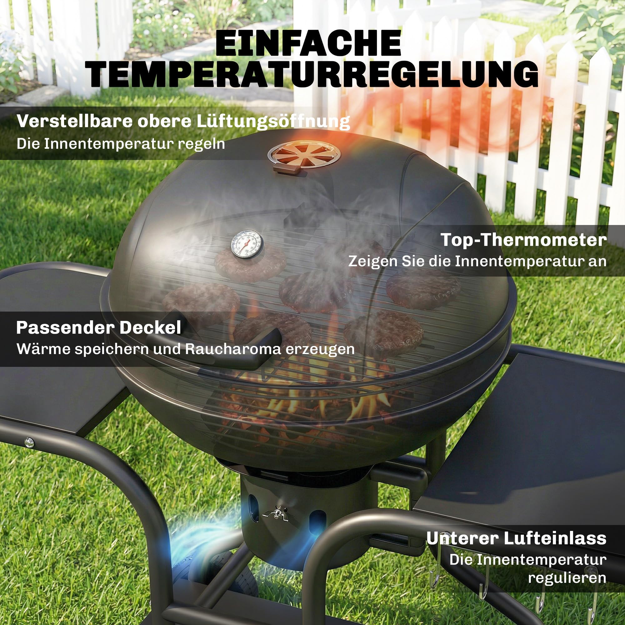 Outsunny grill węglowy kulisty z pokrywą 129 x 63,5 x 106,5 cm | Smoker, stoliki, koła, pojemnik na węgiel, wózek grillowy, termometr, grill węglowy na barbecue, camping, taras, ogród