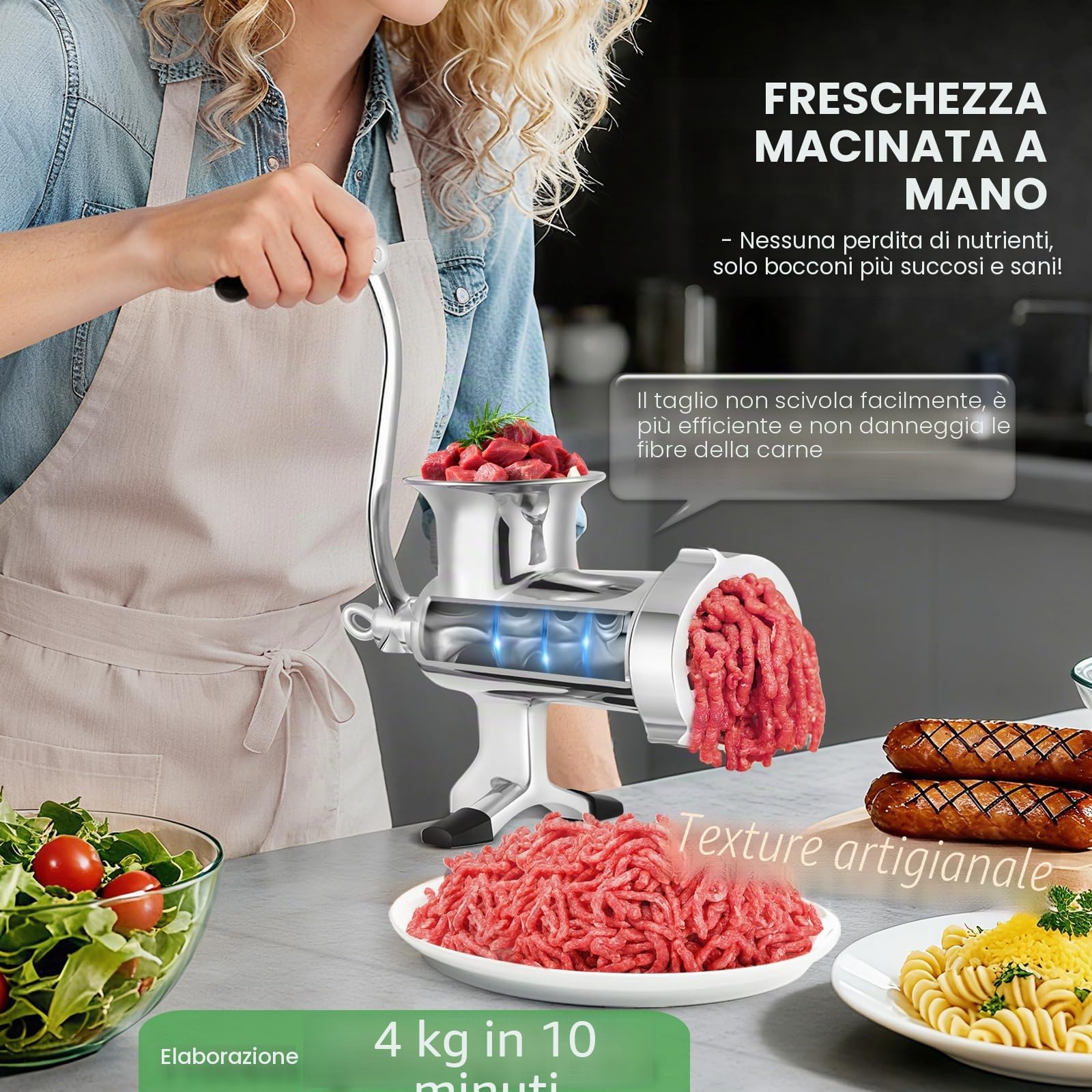 Huanyu Tritacarne Manuale in Acciaio Inox e Salsicciaio - Lavabile in Lavastoviglie - Taglia 12