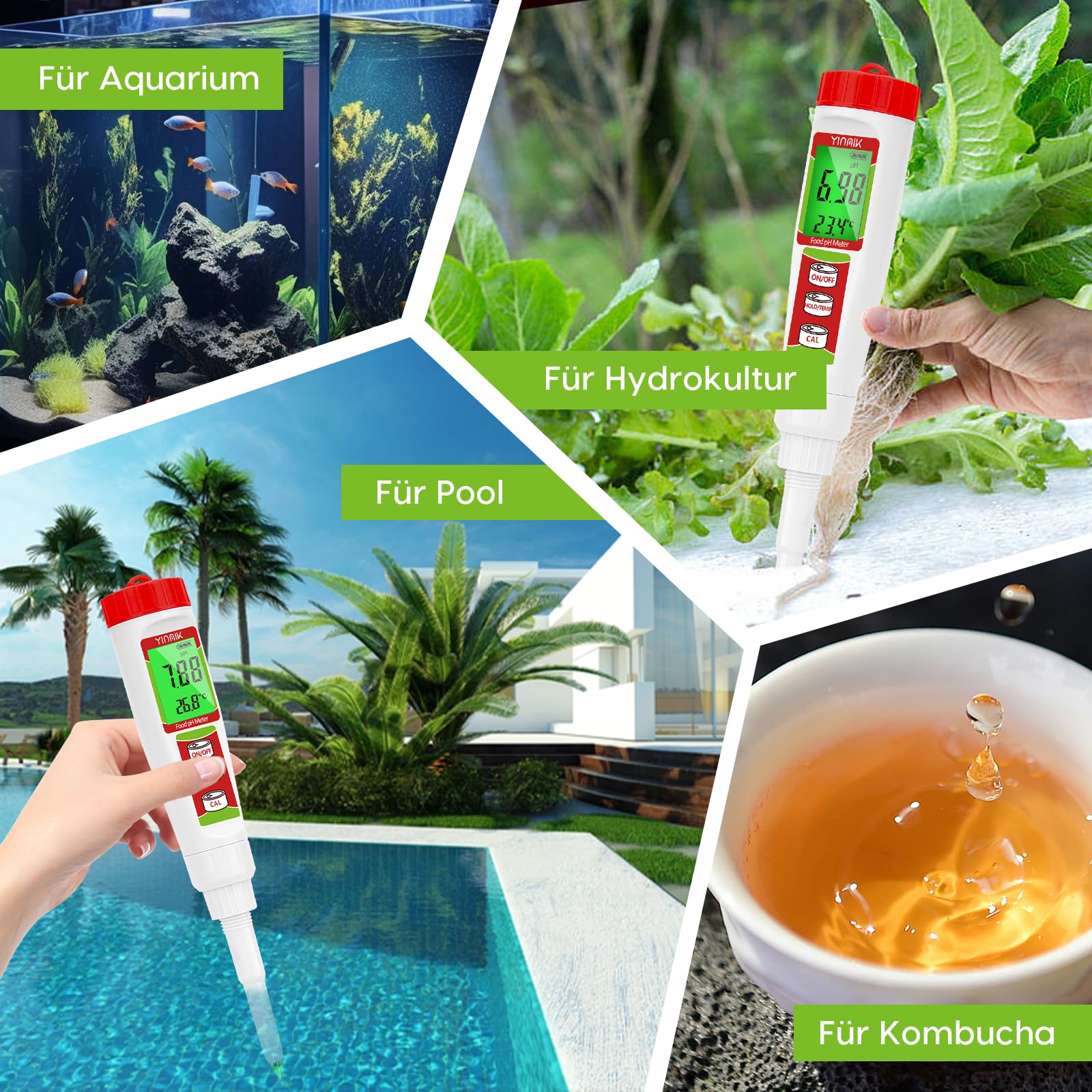 Cyfrowy miernik pH, YINMIK tester pH do żywności z roztworem kalibracyjnym, wartość pH do fermentacji, tester pH do żywności do ciasta, ryżu sushi, kombucha, mydła, sera, mięsa, basenu i wody