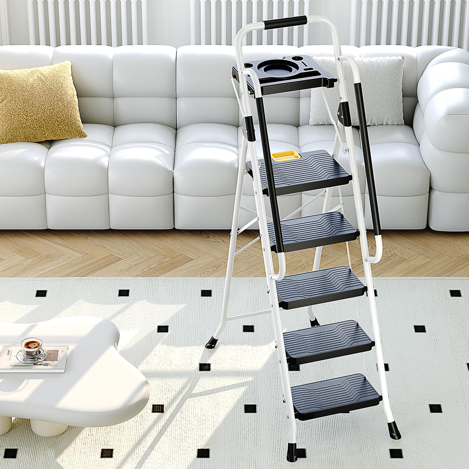 KINGRACK Escabeau Pliable 5 marches Charge maximale de 150kg Verrouillage de sécurité, pédales Larges accoudoirs escabeau escamotable légères pour la Maison, Cuisine, Placard et Bureau, Blanc