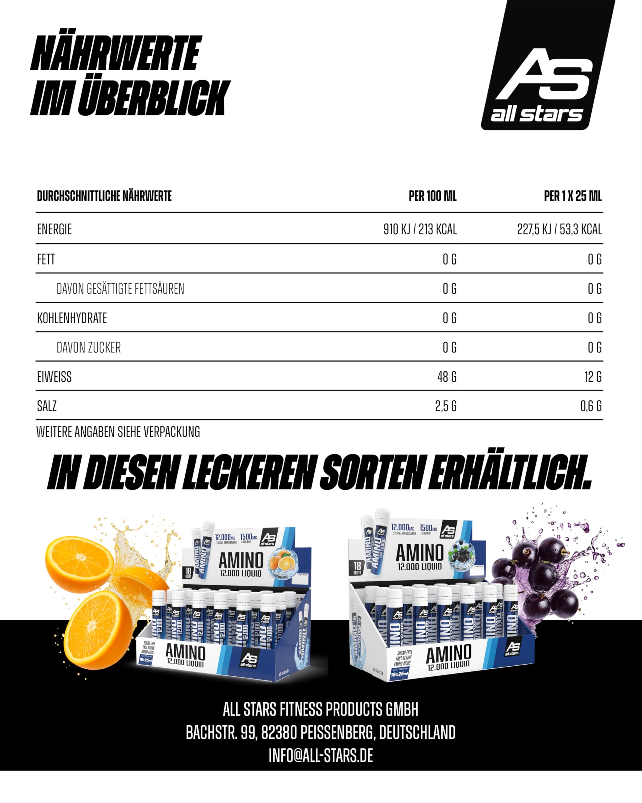 ALL STARS Amino Liquid 18 x 25ml Black Currant - Flüssiger Aminosäuren Komplex hochdosiert 12.000mg mit 12g Protein pro Portion, Nahrungsergänzungsmittel für Sportler