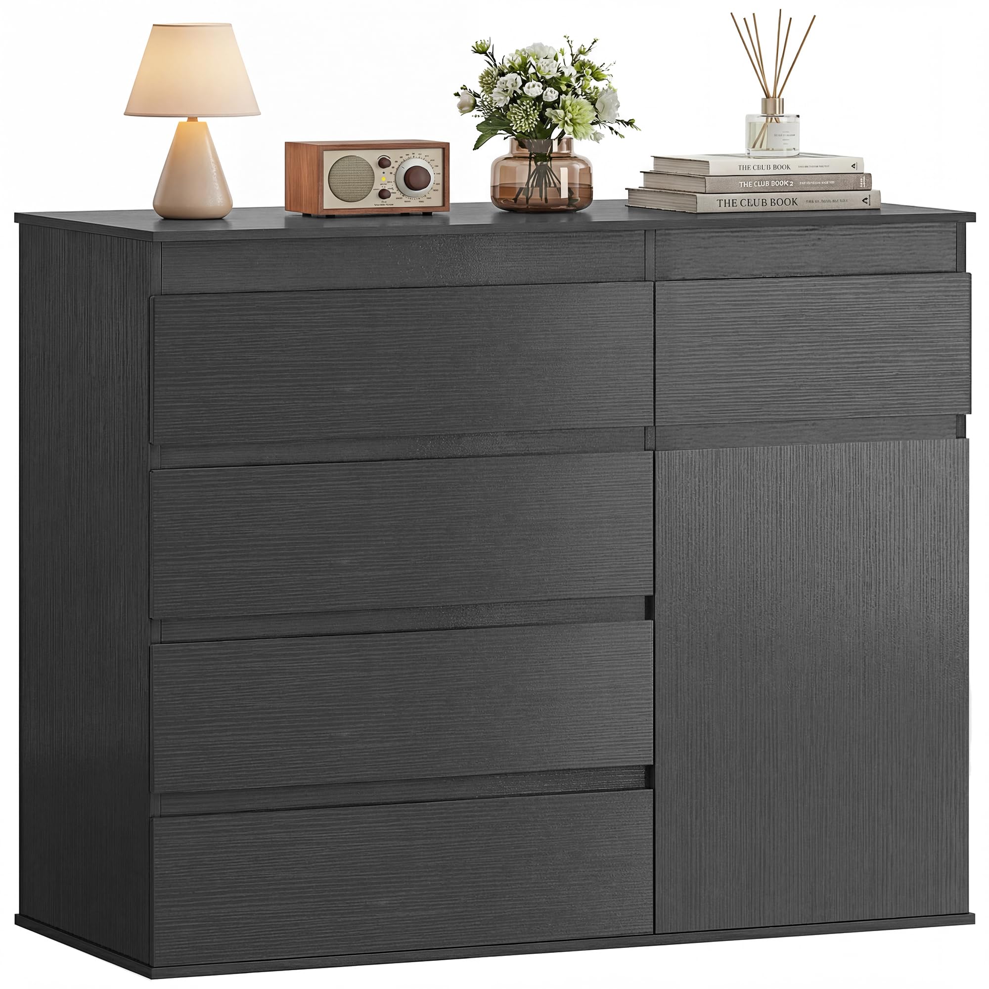 HOMCOM Modern Chest Of Drawers, 5 Drawer Dresser with Cabinet, Adjustable Shelf, Soft-Close Door, Storage Unit for Bedroom, Living Room, Black