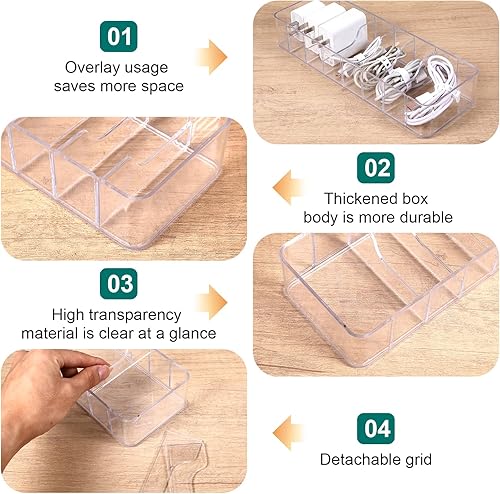 Miniatura 4 de Paquete de 4 cajas organizadoras de cables de plástico con 40 lazos de alambre, compartimentos ajustables transparentes para almacenamiento de