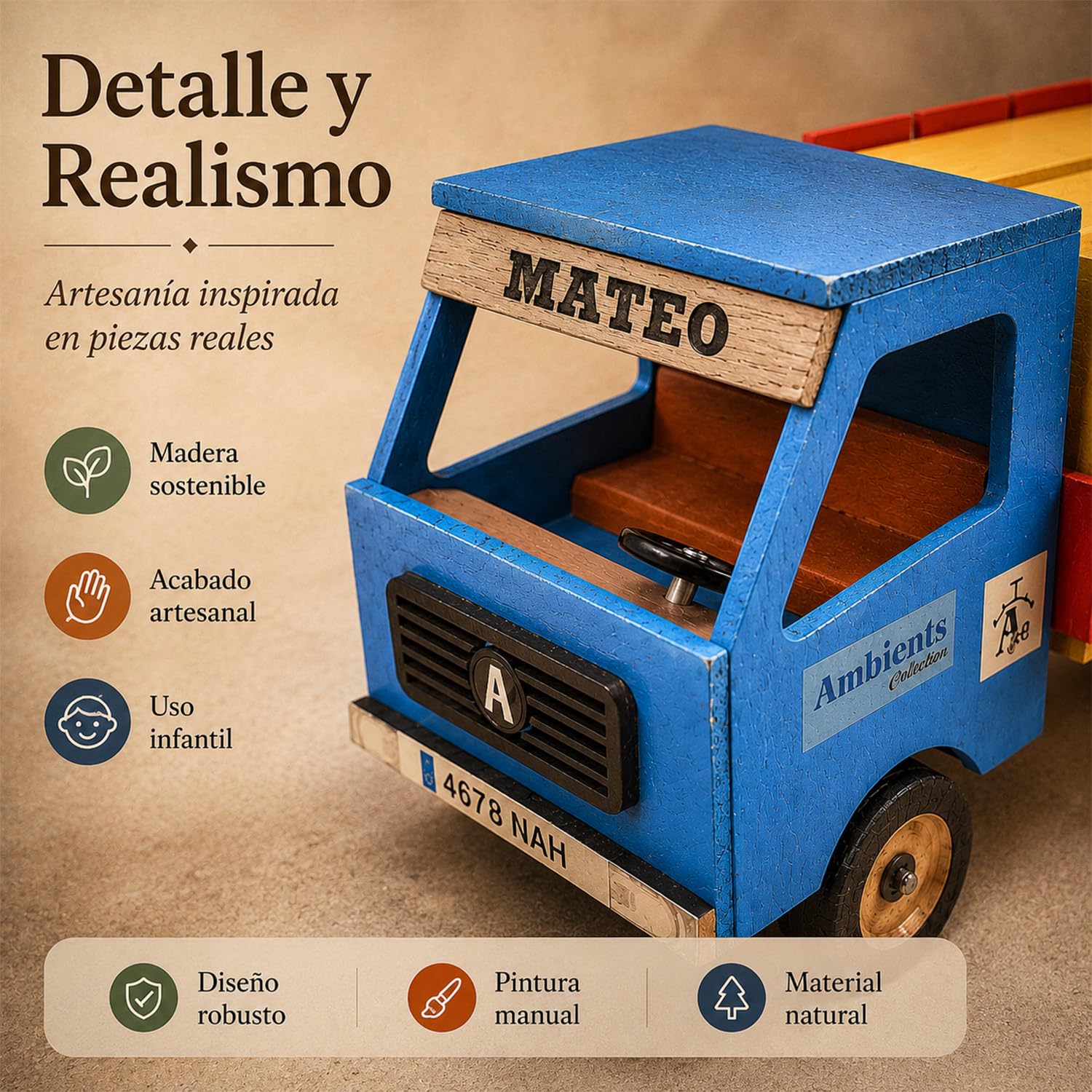 Camión de Toros Juguete Personalizable con 6 Toritos, Cajón con Compartimentos, 12 Puertas y Rampa, Madera Sostenible, Regalo Taurino para Niños, 42 x 12 x 19 cm