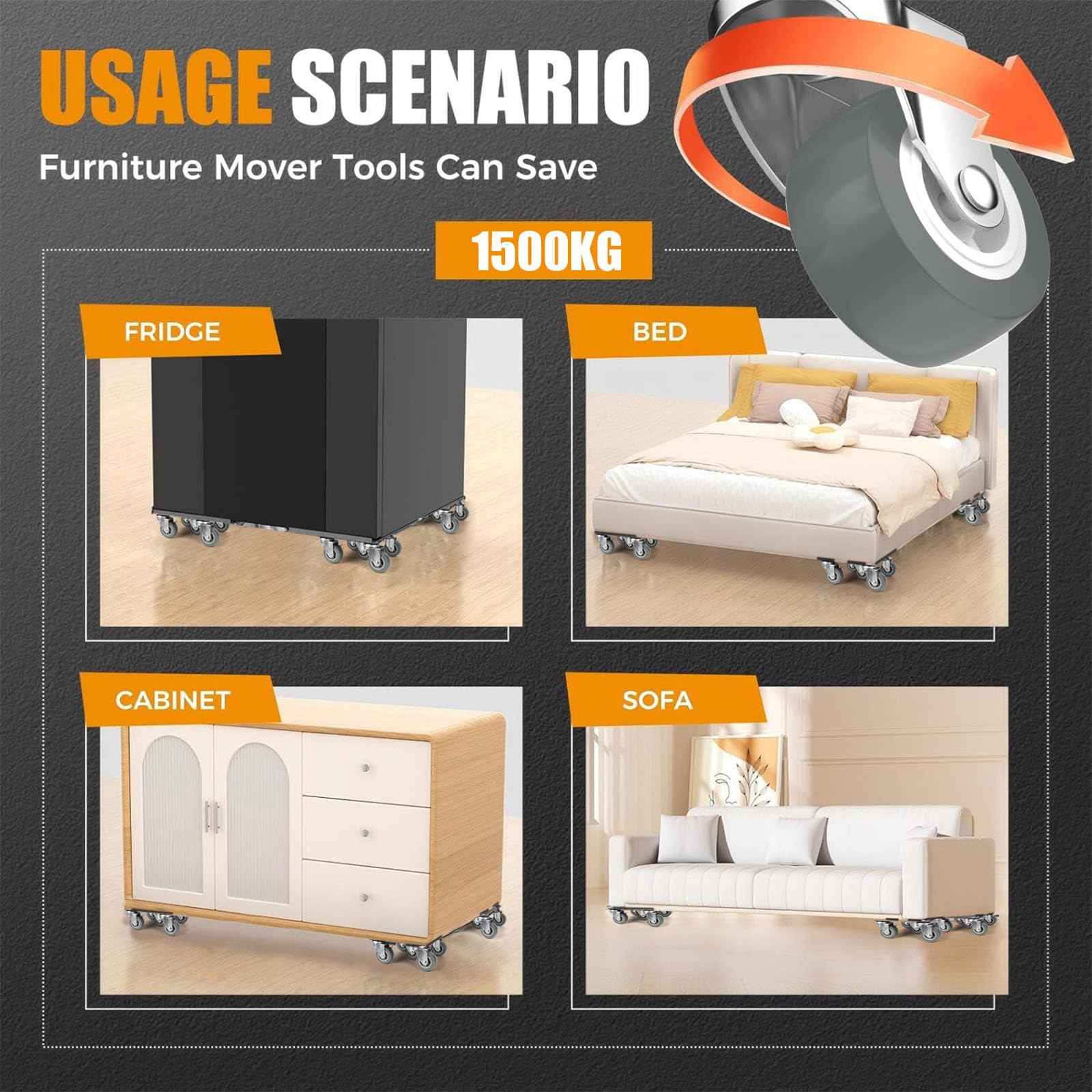 Kit Sollevatore Mobili, Spostare Mobili Pesanti, Kit Spostamento Mobili con Funzione di Parcheggio, Carico 1500 kg, con 5 Ruote Girevoli 360° per Spostamento Facile dei Mobili Grigio