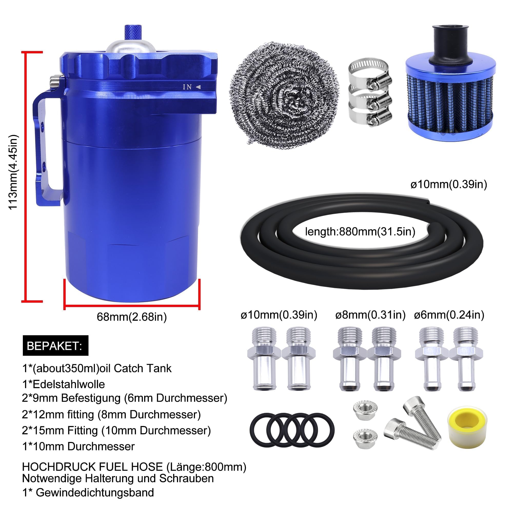 Car Oil Catch Tank Can Serbatoio di carburante in alluminio Serbatoio di stoccaggio dell'olio con filtro dell'aria Tubo di ricambio Accessori 350ml Serbatoio(blu)