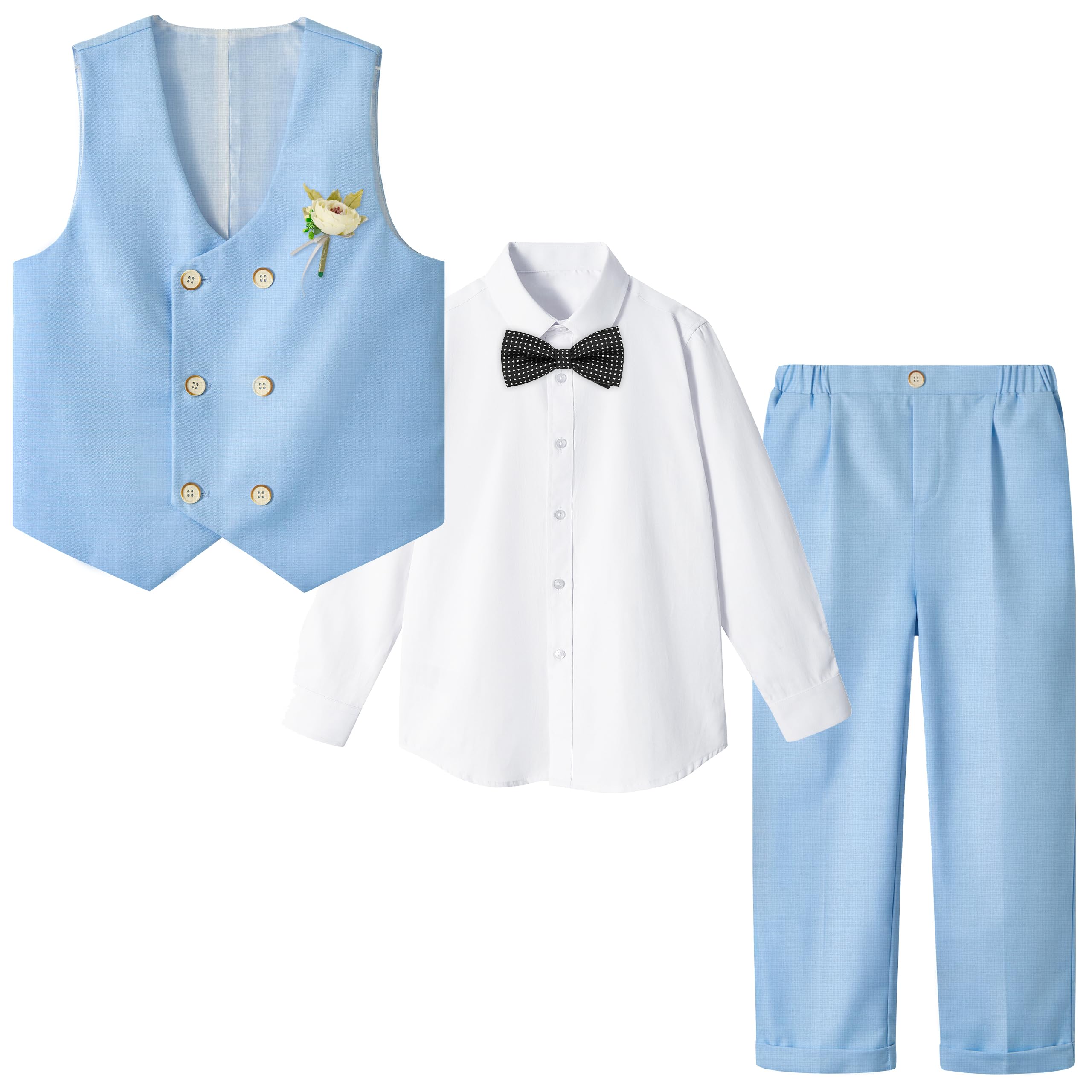 LOLANTA Boys' 4-Piece Formal Suit, Wedding Ring Bearer Outfit Vest Pants with Dress Shirt Bow Tie for Graduation 2-13 Years