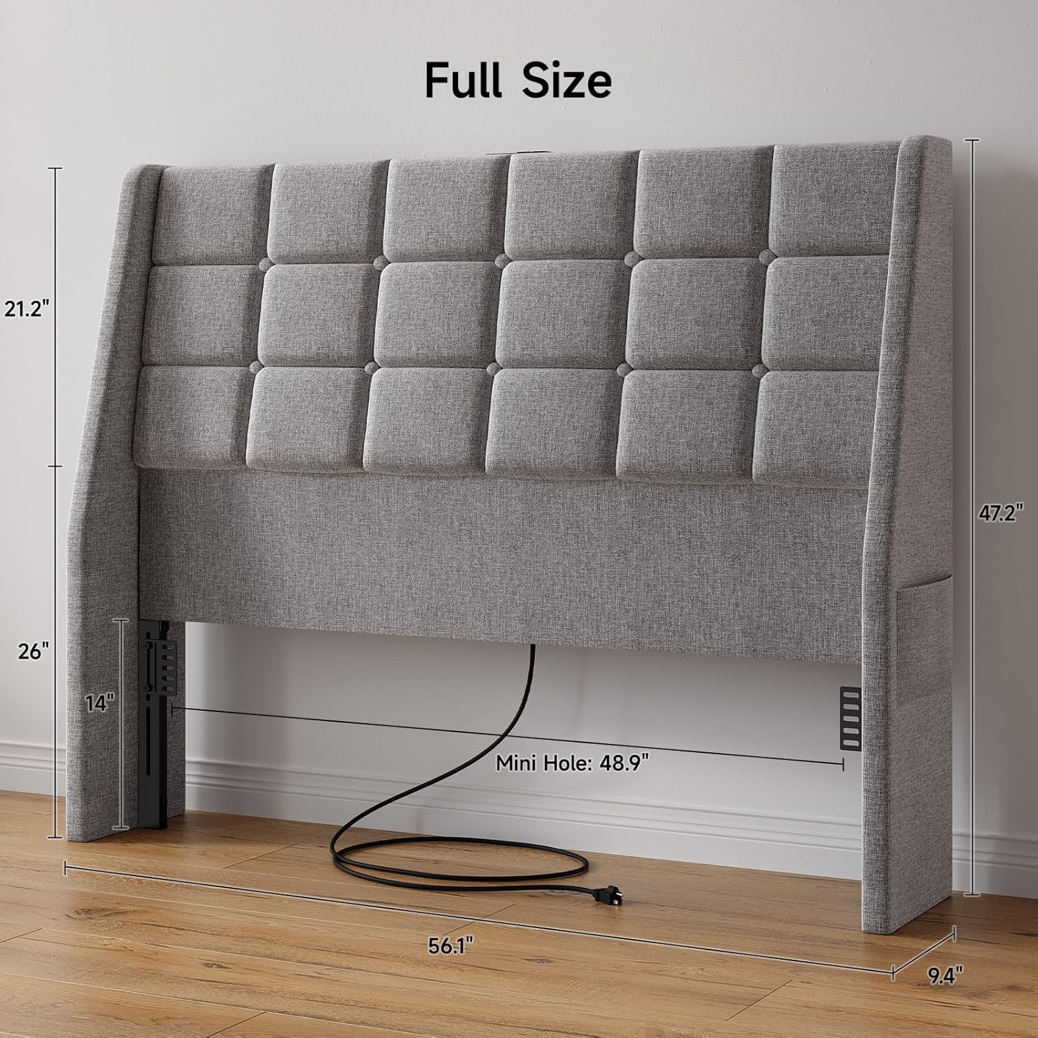 ONBRILL Ergonomic Upholstered Full Size Headboard w/Charging Station, Linen Wingback Headboards w/Storage Pocket, Full Headboard Only, Bed Frame Adapters, Sturdy Solid Wood Bed Head Board, Light Grey