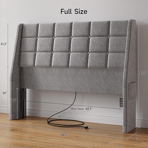 Miniatura 2 de ONBRILL Cabecero tapizado ergonómico de tamaño completo con estación de carga, cabeceros con respaldo de ala de lino con bolsillo de almacenamiento