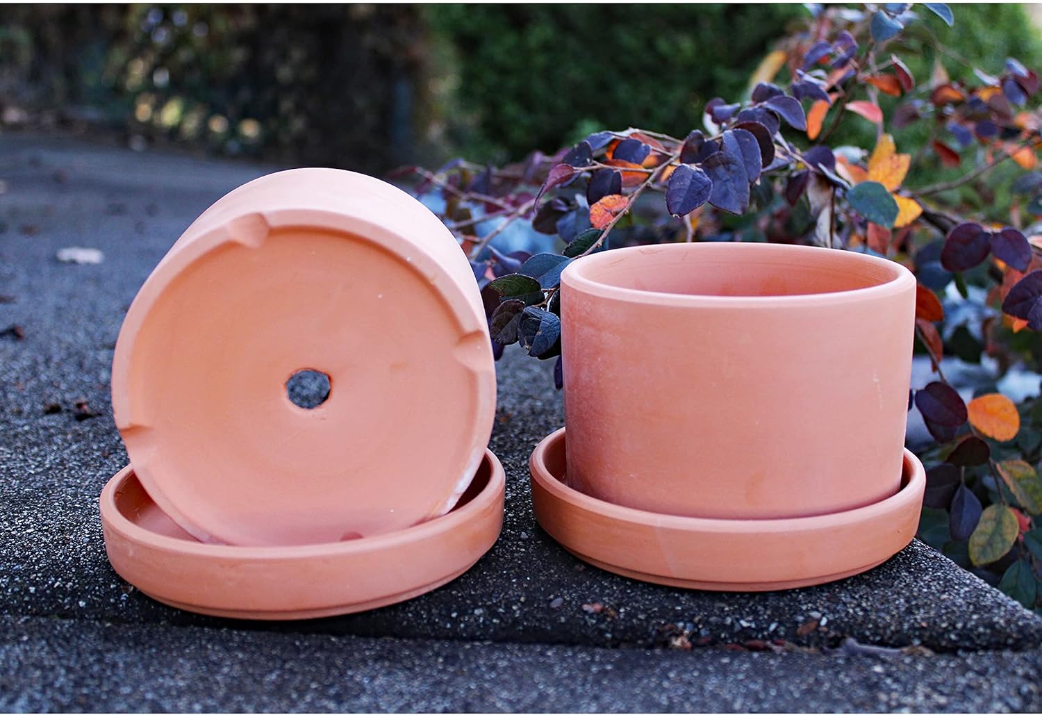 Fat Walled Terracotta Planter with Drainage Hole and Saucer Cylindrical Plants Flower Containers Unglazed Clay Pots - Set of 2
