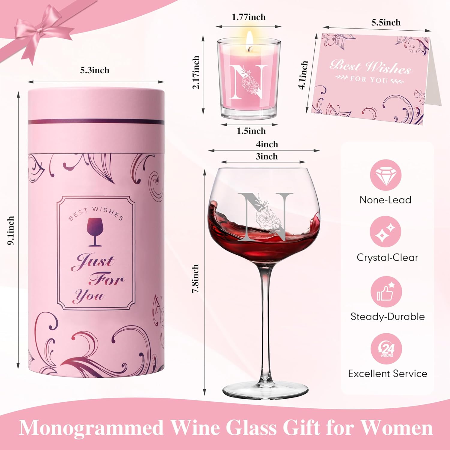 Personalized Gifts for Women - Customized Initial A-Z Wine Glass, Unique Birthday Gifts for Women, Christmas Basket Gift for Her, Mom, Wife, Sister, Friend, Nurse（N）