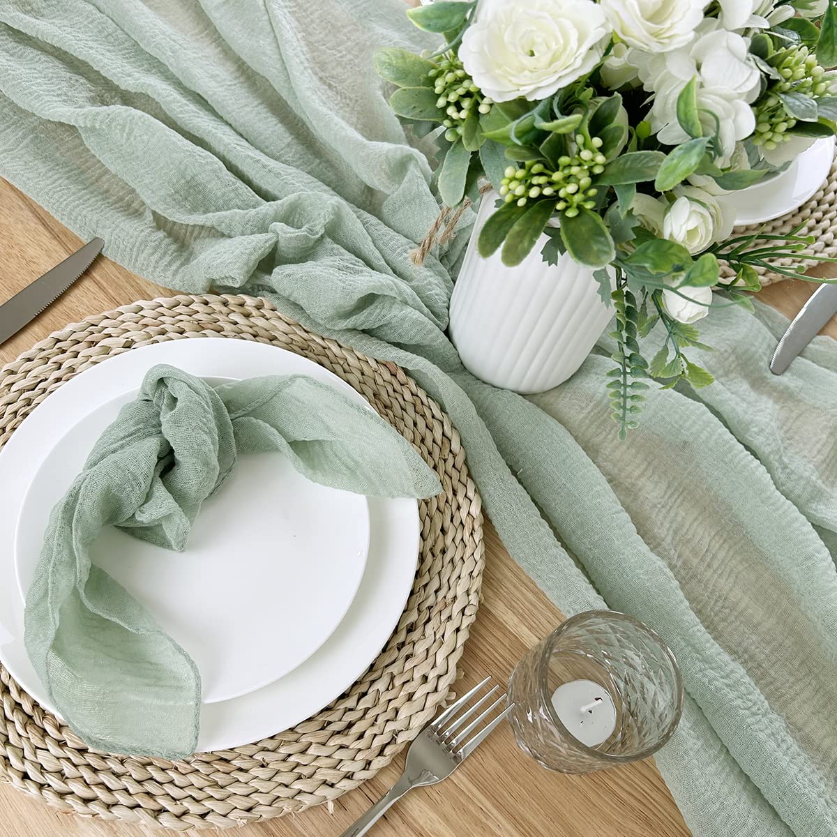 10 Uds 300 * 90CM Gasa rústica estopilla Verde Salvia Camino de Mesa Mantel Bohemio para Boda Nupcial decoración para Fiesta de Bienvenida de bebé Fiesta de cumpleaños