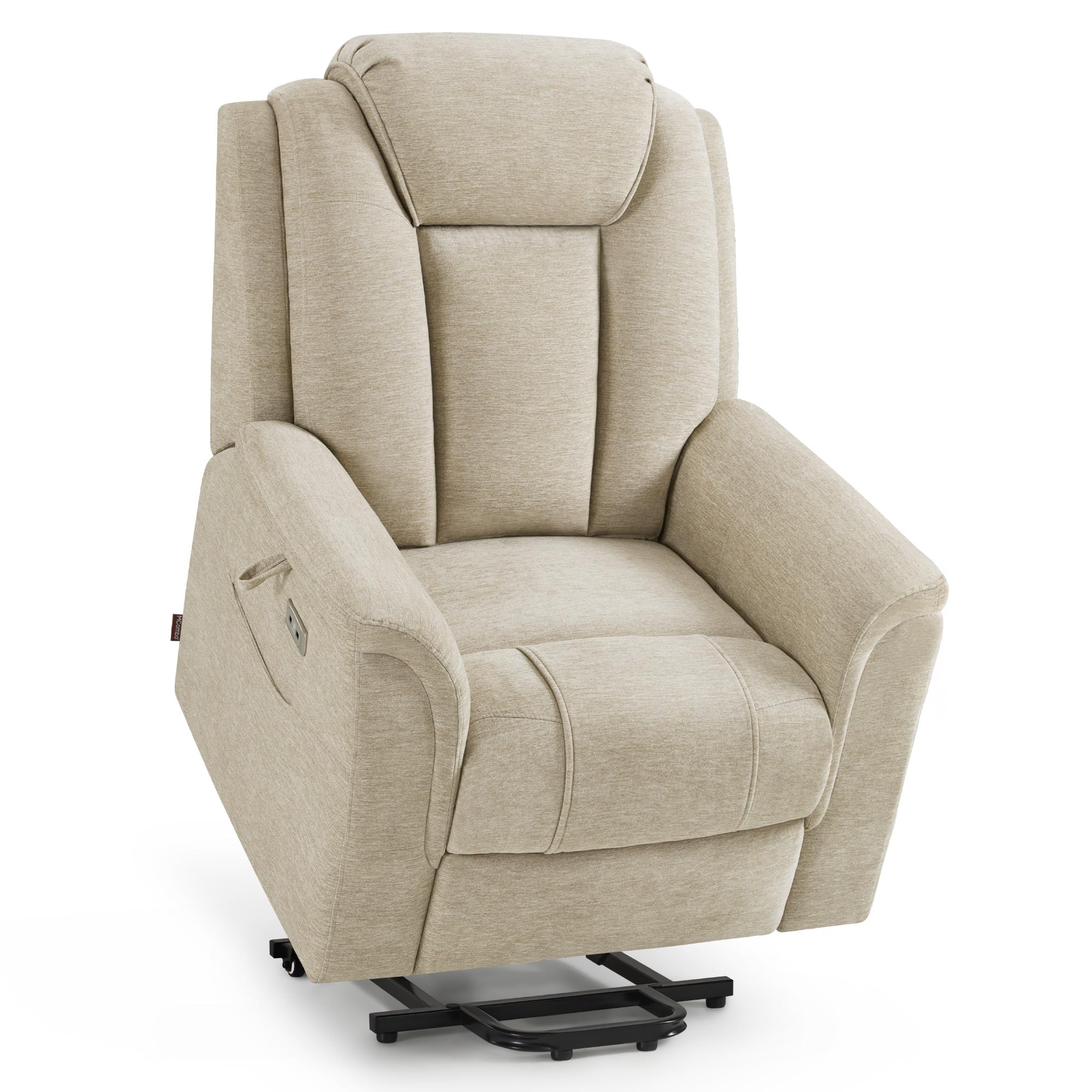 M MCombo Fernsehsessel mit Aufstehhilfe Elektrisch, 2 Rollen für Mobilität, Massage & Heizung, Verstellbare Kopfstütze, Sessel mit Aufstehhilfe 35D Vollschaum-Sitzkissen 7269 (Beige-Stoff)