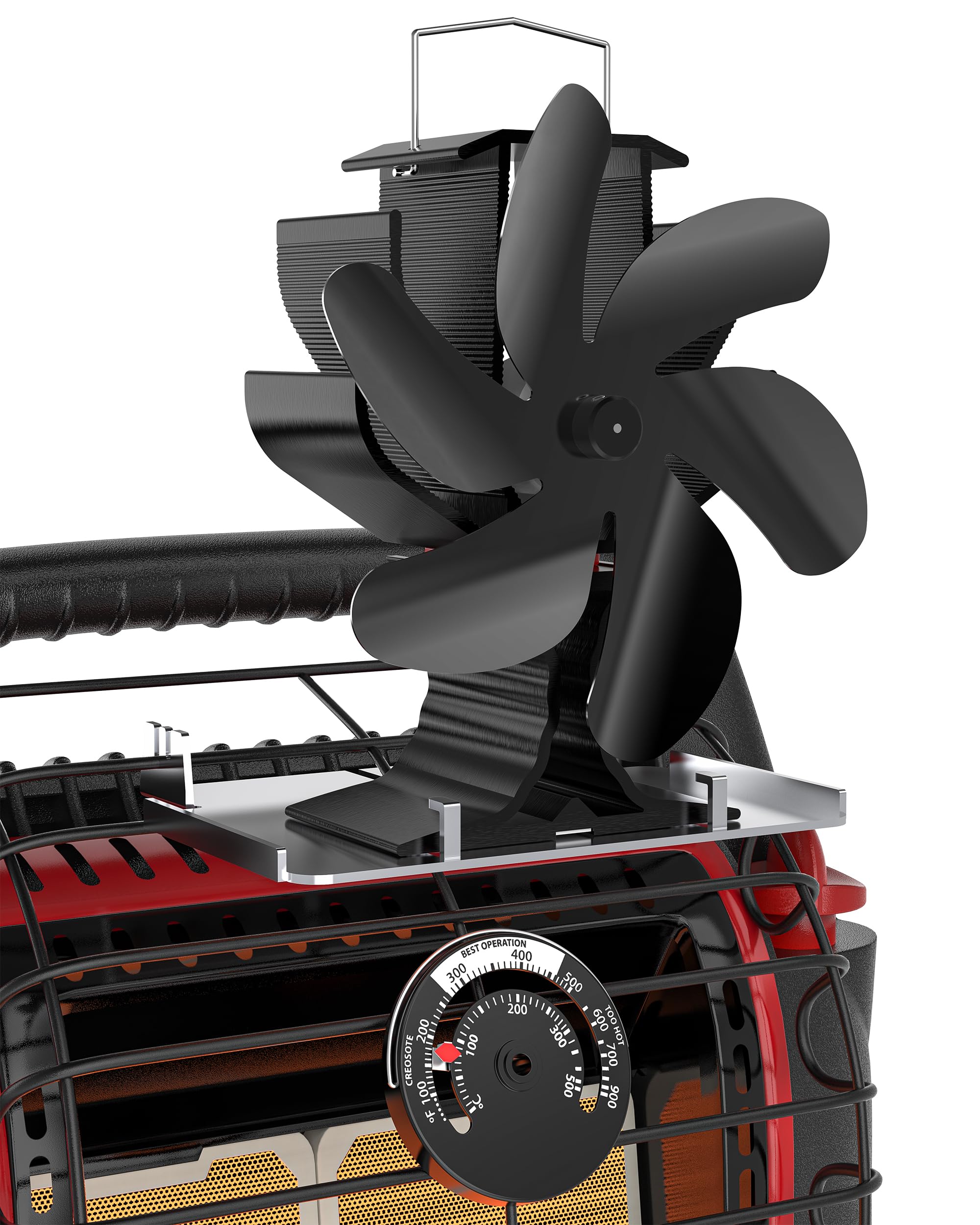 HIDALIFE Wood Stove Fan for Heater, Heat Powered Fireplace 6 Blades Fan with Bracket Compatible for Heater,Thermal Tent Heater Fan for Camping Propane Heater with Magnetic Thermometer