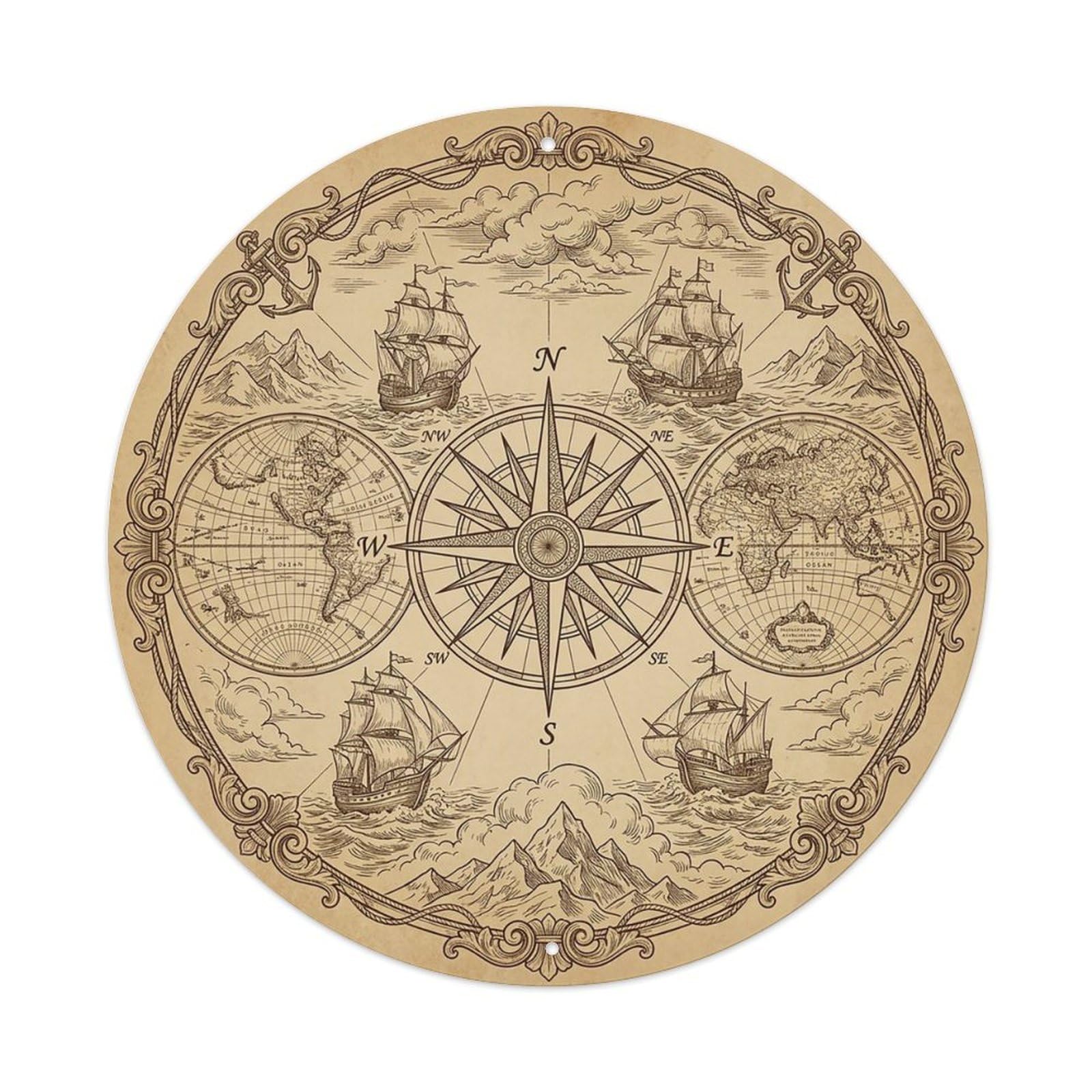 Vintage Nautical Compass World Map Anchor Heritage Metal Tin Sign