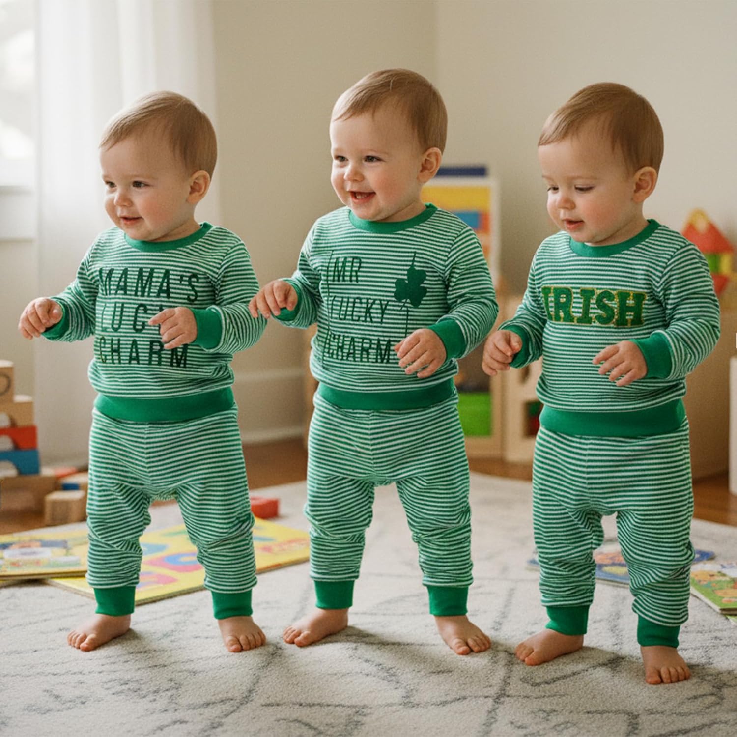 Toddler Baby Boy St Patricks Day Outfit Irish Lucky Charm Embroidery Stripe Waffle Knit Sweatshirt + Pants Set - Image 4