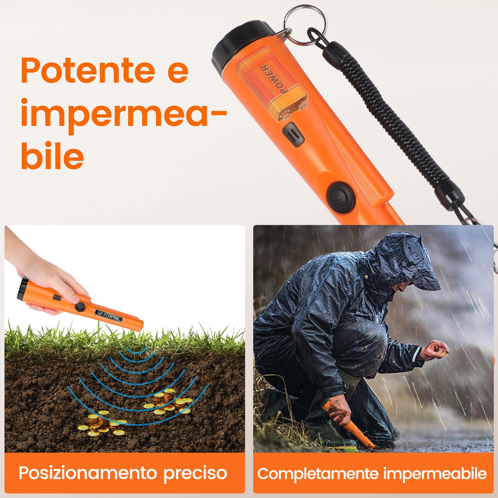 Pinpointer - Rilevatore di metallo impermeabile IP68, rilevamento completo a 360°, con vibrazione audio, accessorio professionale per la ricerca del tesoro, con batteria da 9 V, fondina, nastro di