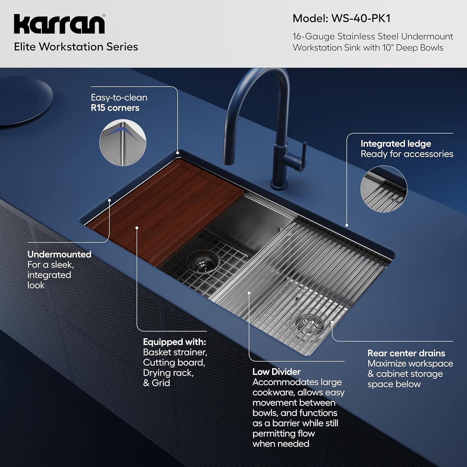Karran Elite 32 Inch Undermount Workstation Kitchen Sink, 60/40 Double Bowl Low Divide, 16 Gauge T304 Stainless Steel (Standard)