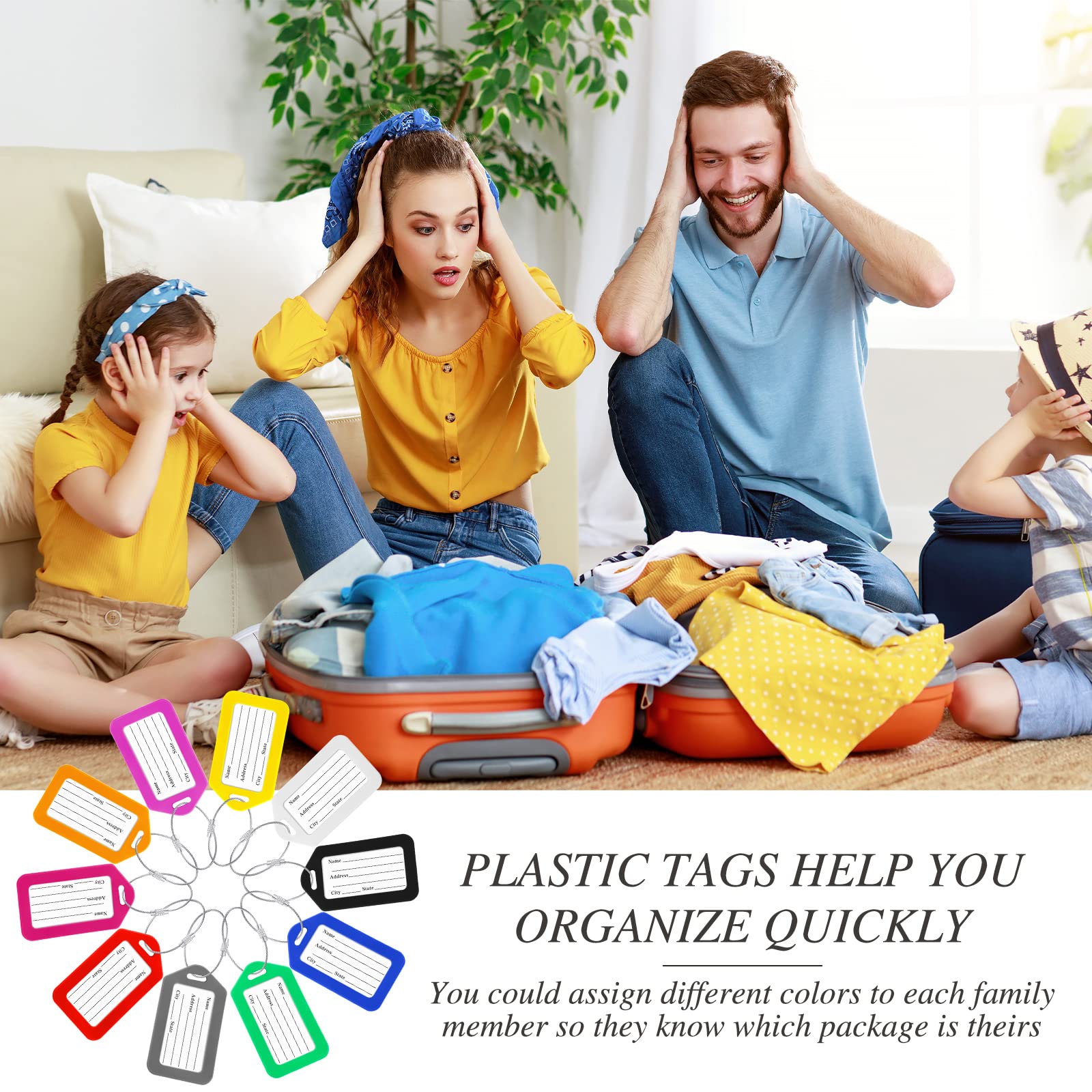 Kigeli 200 sztuk plastikowych etykiet bagażowych zawieszki bagażowe etykiety do walizek etykiety z imieniem bagażu, 10 kolorów, 8 x 4 cm