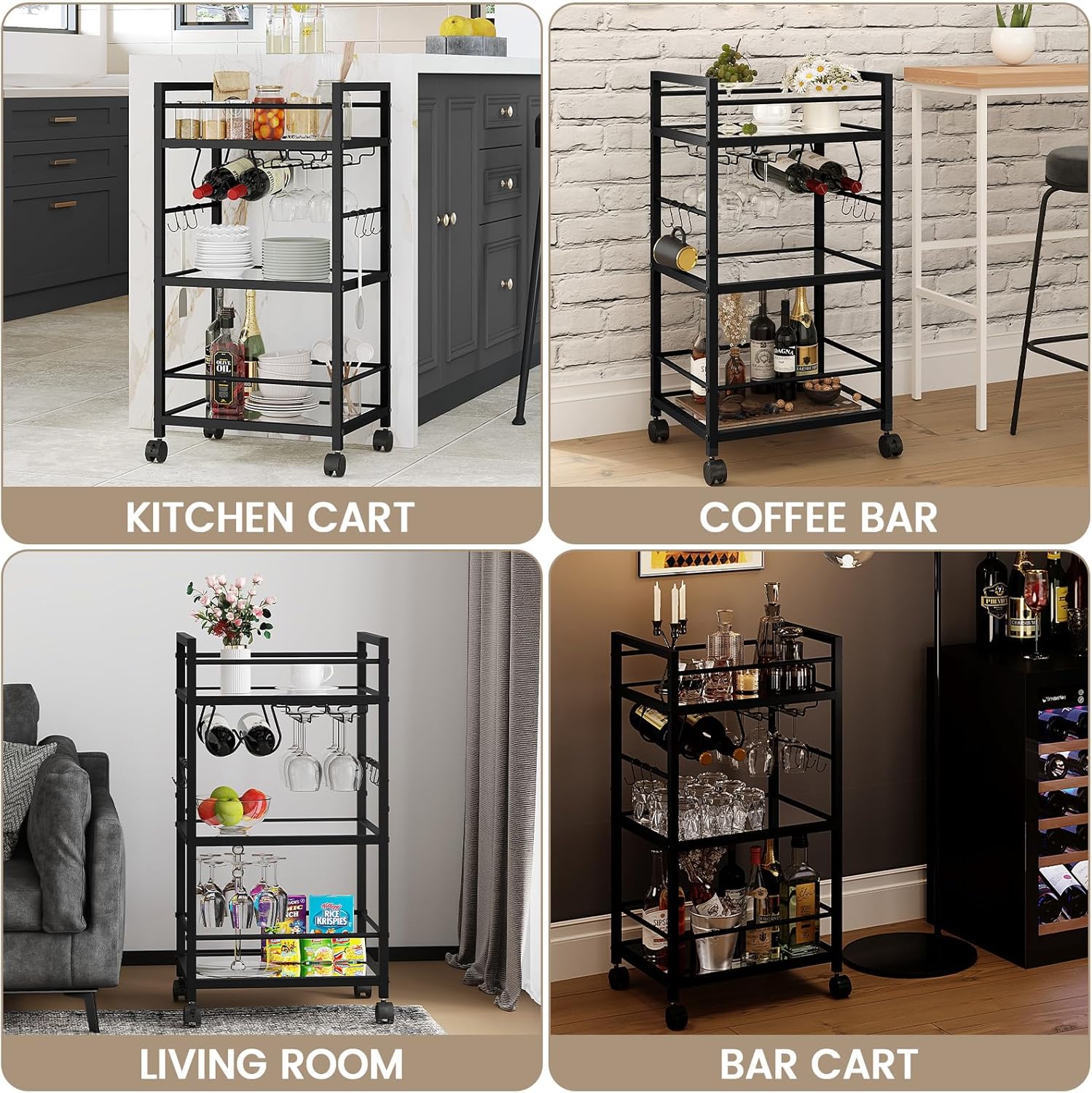 Bar Cart, Serving Cart for Home, Microwave Cart, Drink Cart, Mobile Kitchen Shelf with Wine Rack and Glass Holder, Rolling Beverage Cart for Dining Room, Black