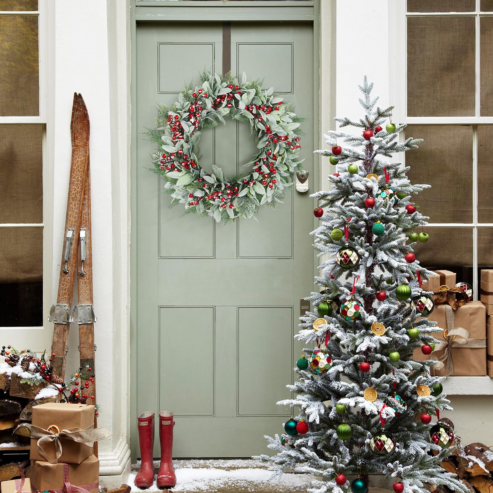 Houele 22Inch Artificial Christmas Wreath Lambs Ear Leaves Wreath with ...