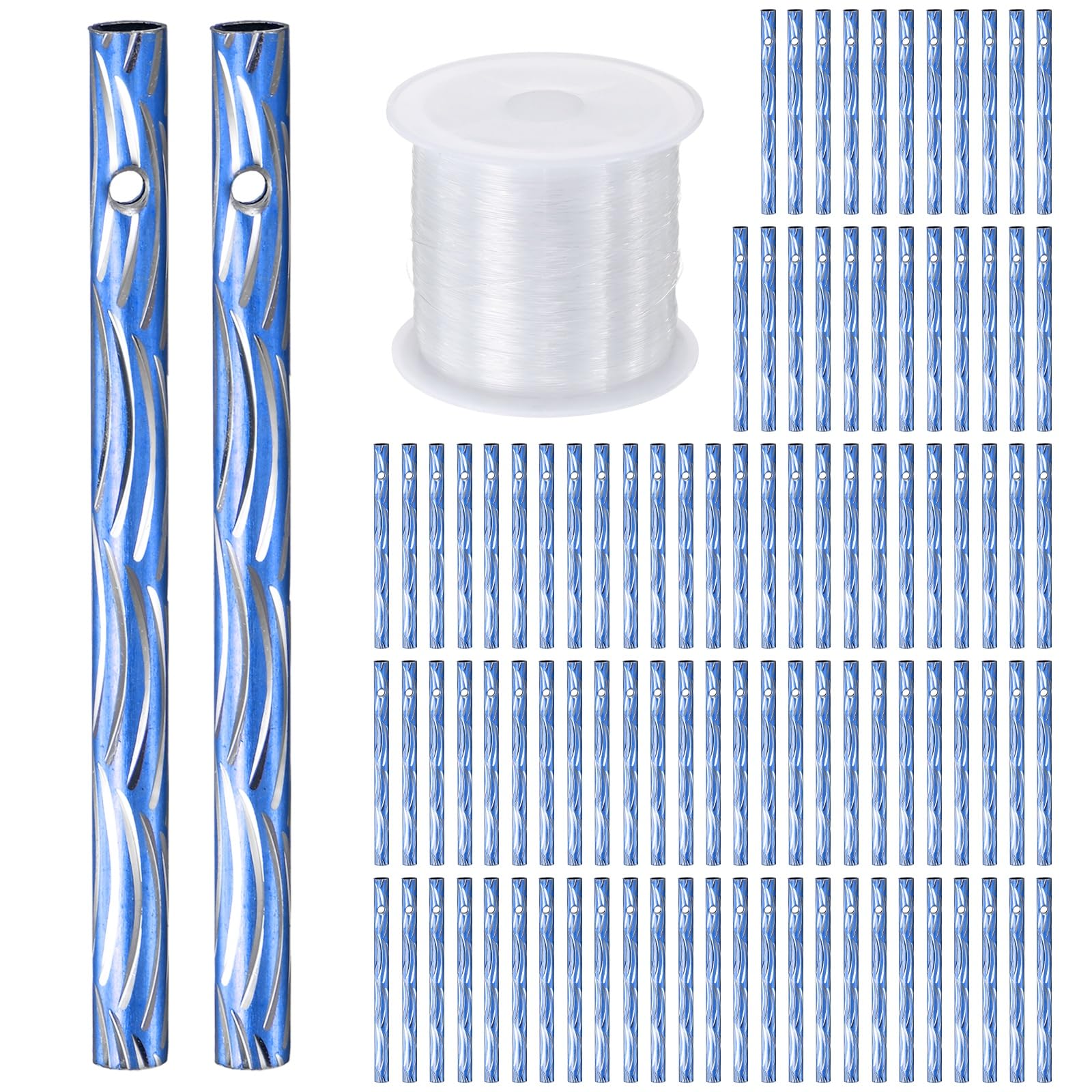 M METERXITY 100-Pack Wind Chime Tubes, Aluminum Wind Chime Empty Tubes with String, Metal Wind Bell for Adults Arts & Crafts/DIY Home Garden Outdoor Hanging Decorations [0.6x8cm, Blue]