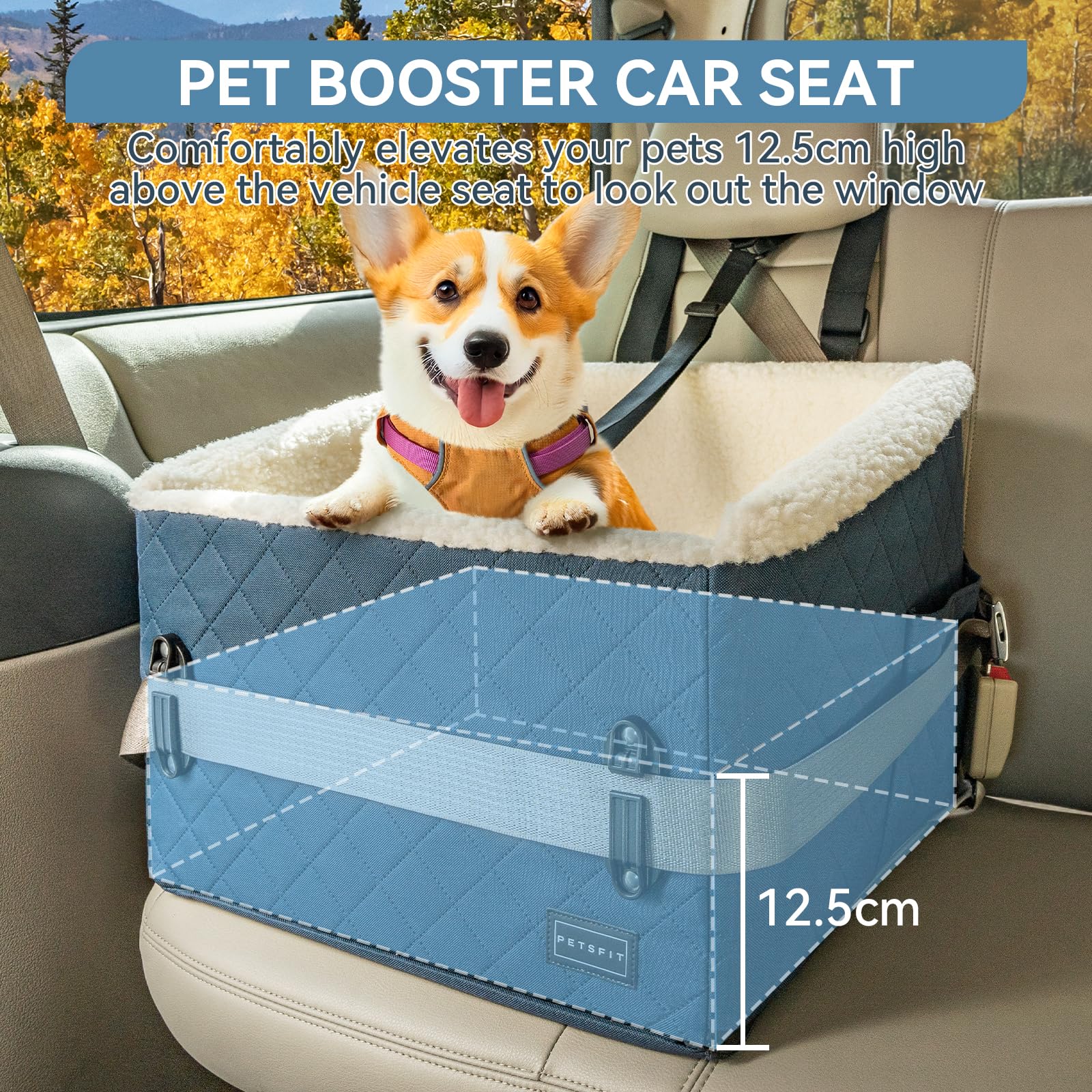 PETS FIT Asiento Perro y Coche Ajustable 12,5cm + Transportín Patente | Funda Lavable, Clip Seguridad | Cama Perro Coche para Mascotas hasta 12kg