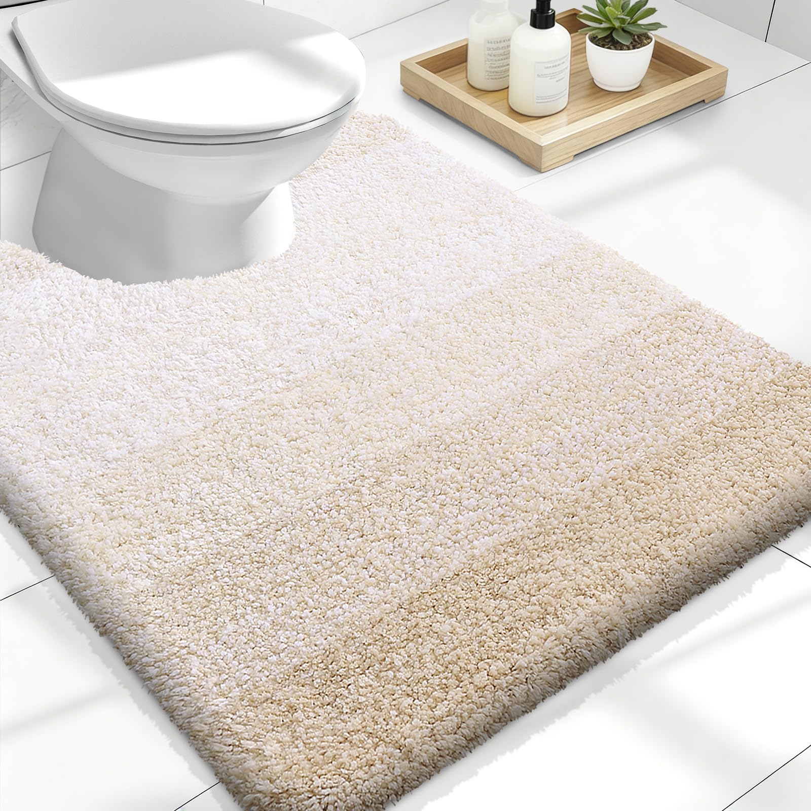 OLANLY Luxury Toilet Rugs U-Shaped 24x20, Soft Absorbent Microfiber Mat | Light Beige, Non-Slip Quick-Drying Rubber Backing, Washable Plush Contour Bath Mat for Toilet Base, Home Decor Accessories