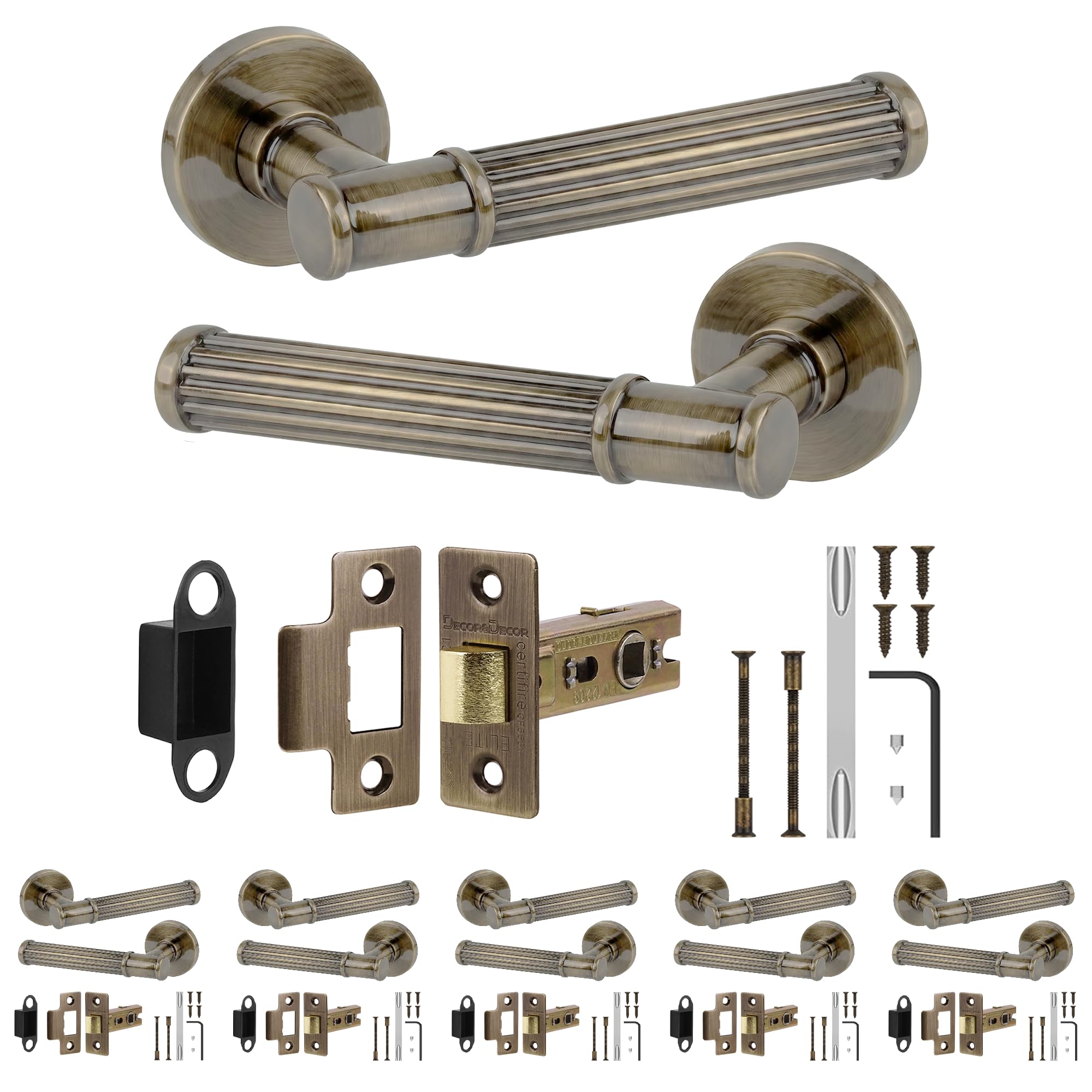 B&Q -  Leto Door Handles With 76mm Tubular LatchAntique Brass Lever On Rose Internal Door Latch KitPack Of 6