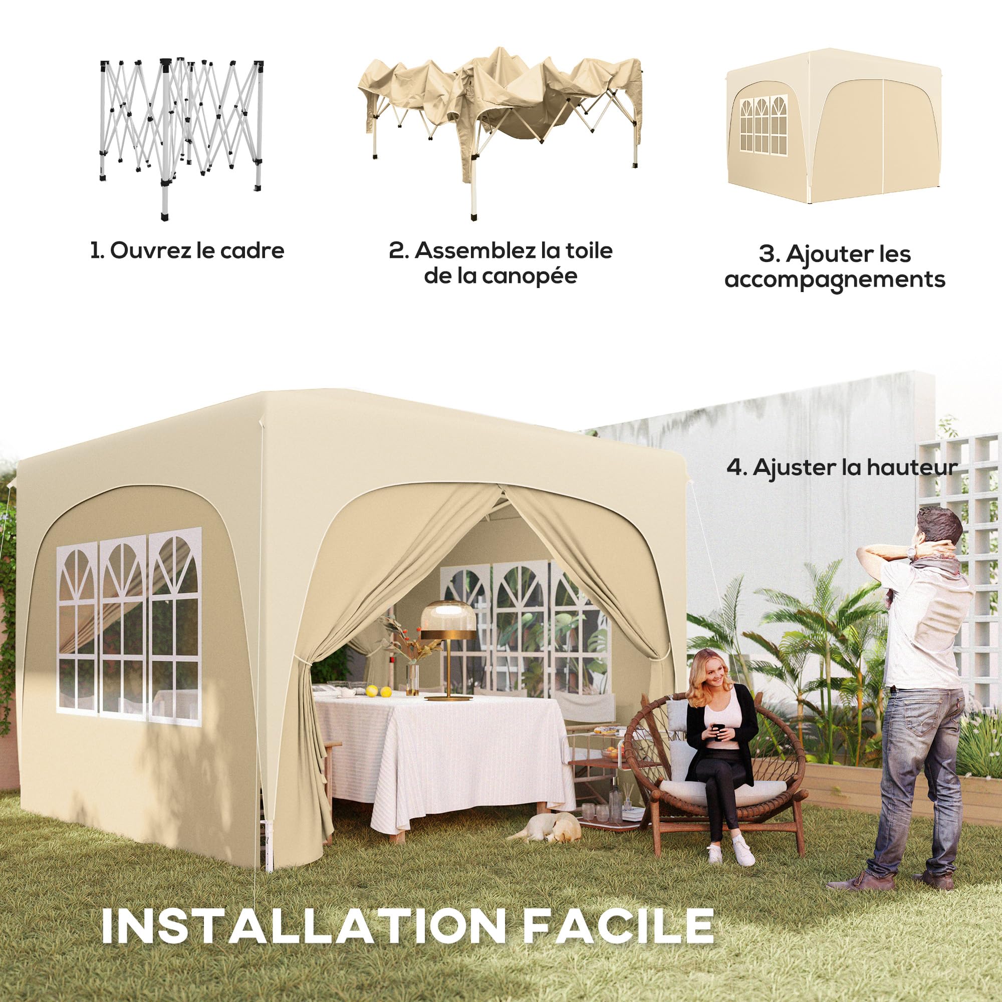 Outsunny Tonnelle de Jardin Exterieur 3 x 3 m Pop Up Pliante Sable | Hauteur Réglable, Sac de Transport Inclus, Protection UPF50+, Barnum Pliant, Camping, Festival, Patio