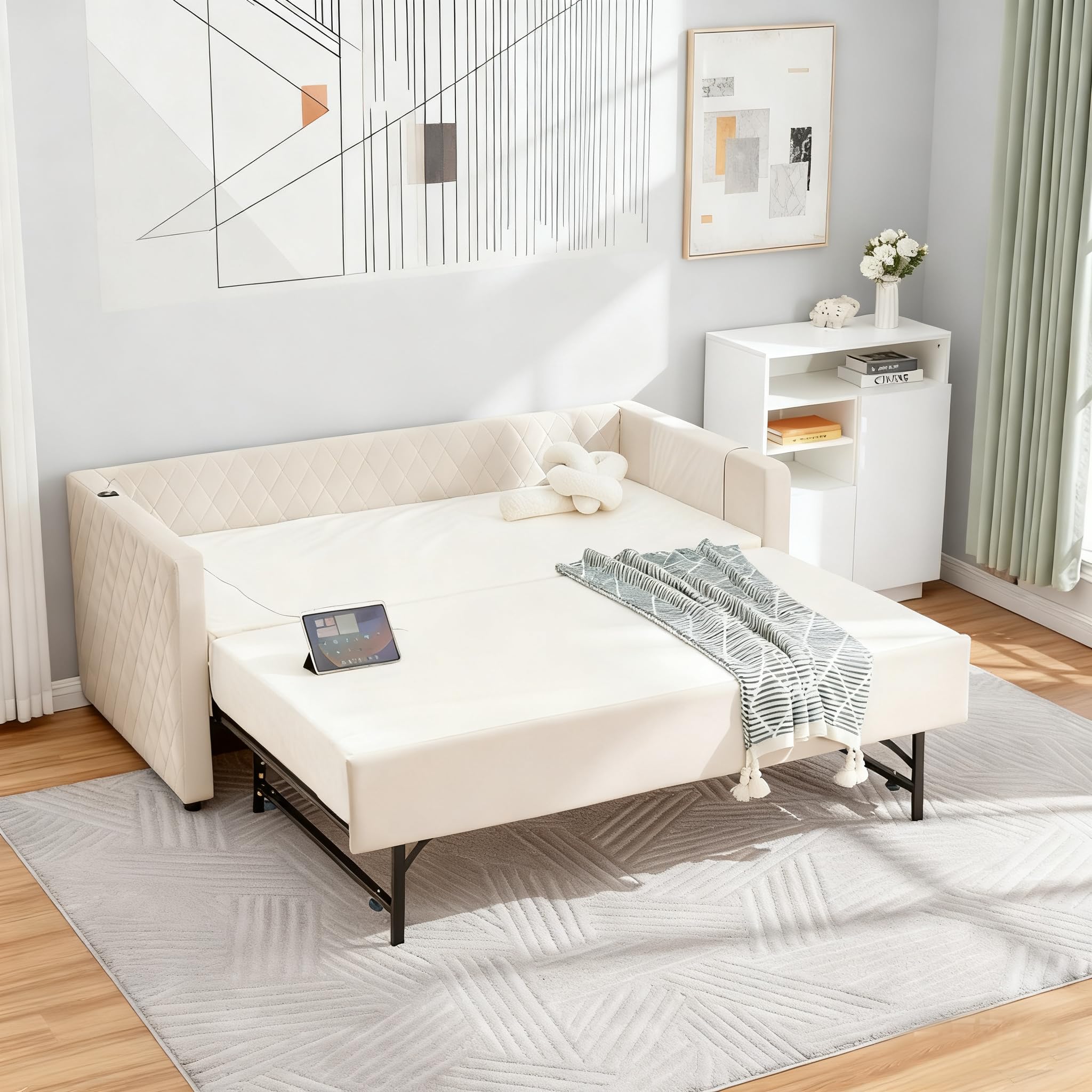 Photo 1 of **PARTIAL SET** **MISSING ONE BOX** DNYN Velvet Daybed with Pop-up Trundle and USB Ports for Bedroom/Guest Room, Space-Saving Wood Bed Frame with Side Storage Pockets, No Box Spring Needed-Beige