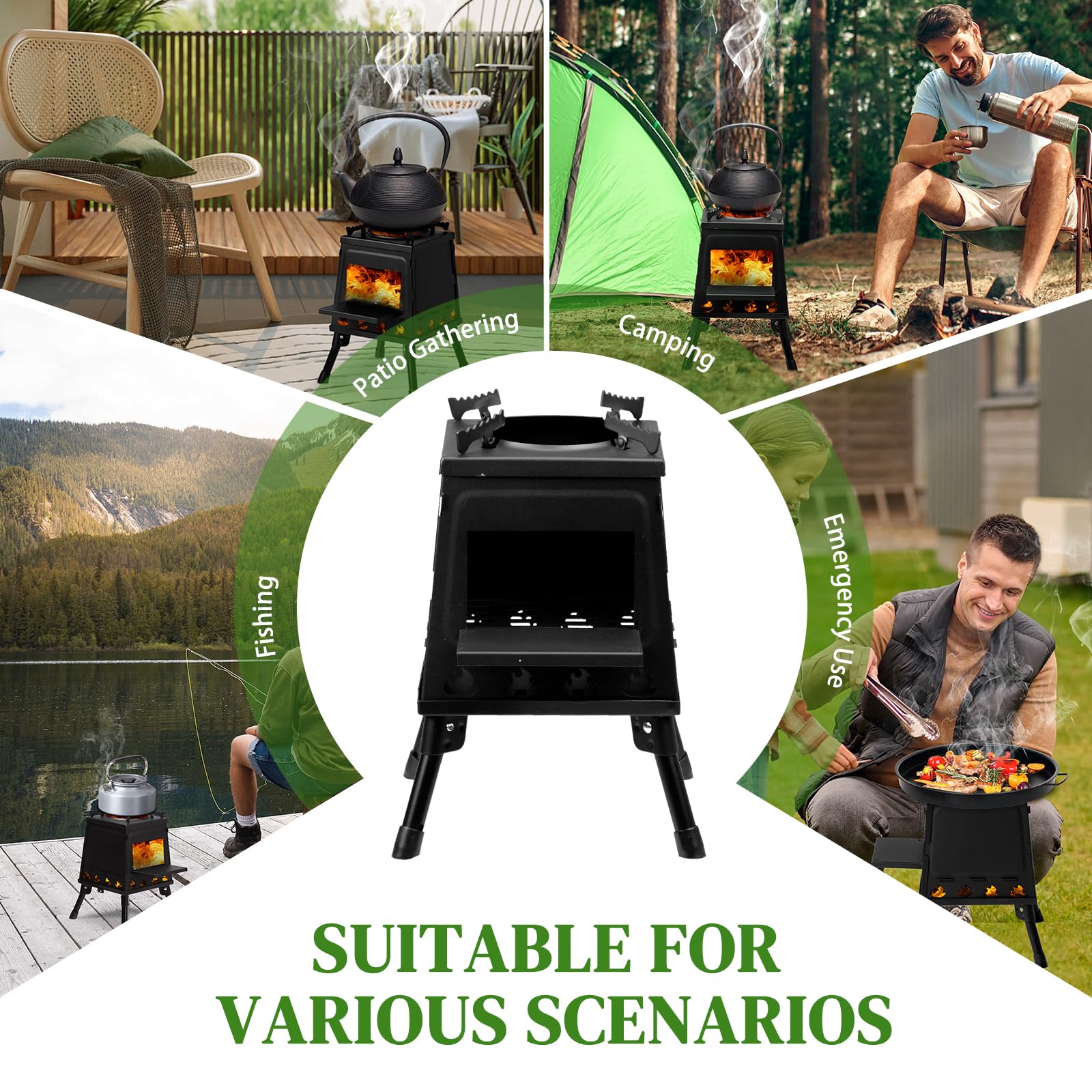 Estufa de leña portátil desmontable de hierro fundido para picnic, caza, pesca, barbacoa, mochilero, senderismo, supervivencia, calefacción, emergencia, cocina al aire libre, con bolsa de transporte
