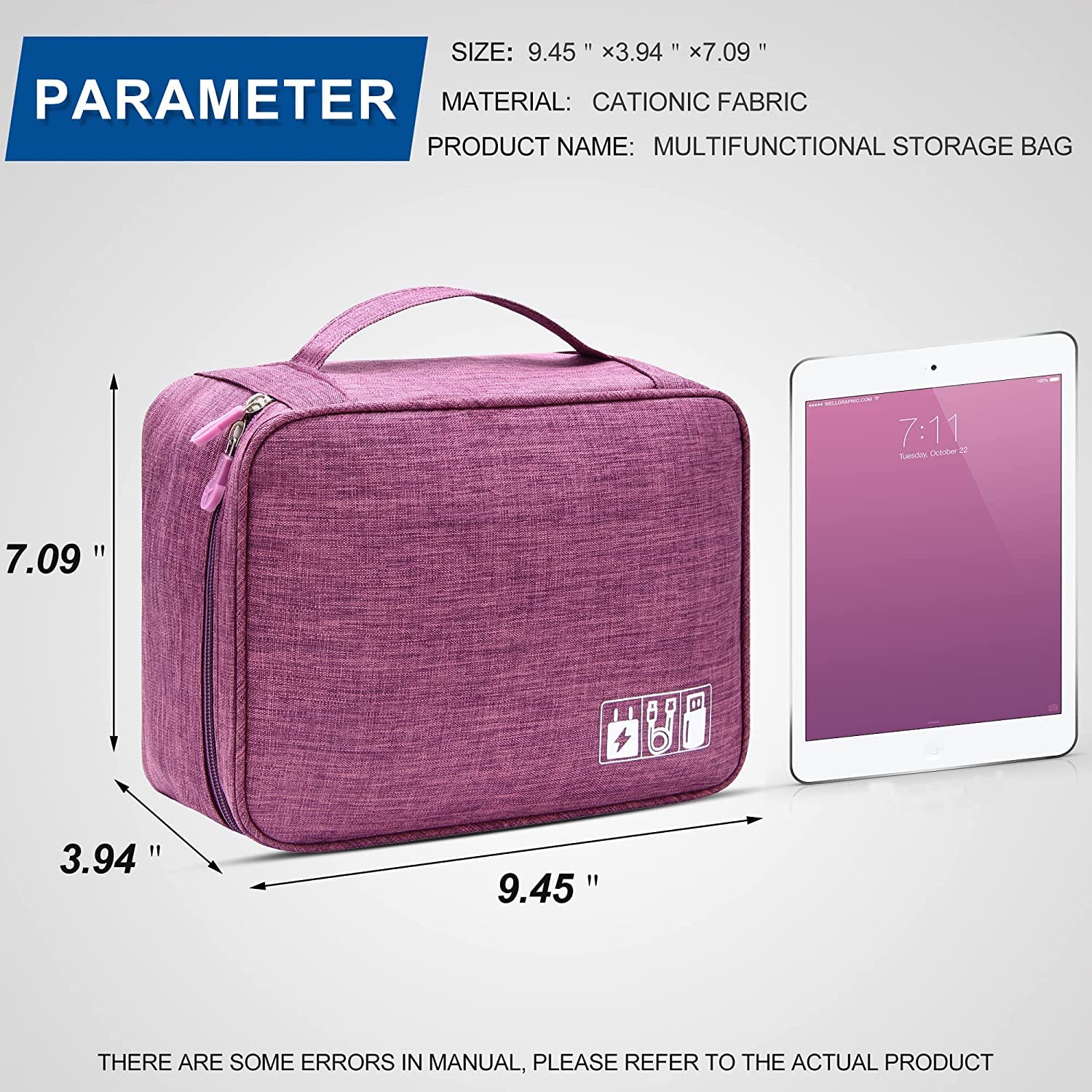 Torba elektroniczna organizer przenośna torba na kabel do tabletu, zewnętrzny dysk twardy, ładowarka, kable, adaptery, karty pamięci, przewody USB, fioletowy, Łatwe do noszenia