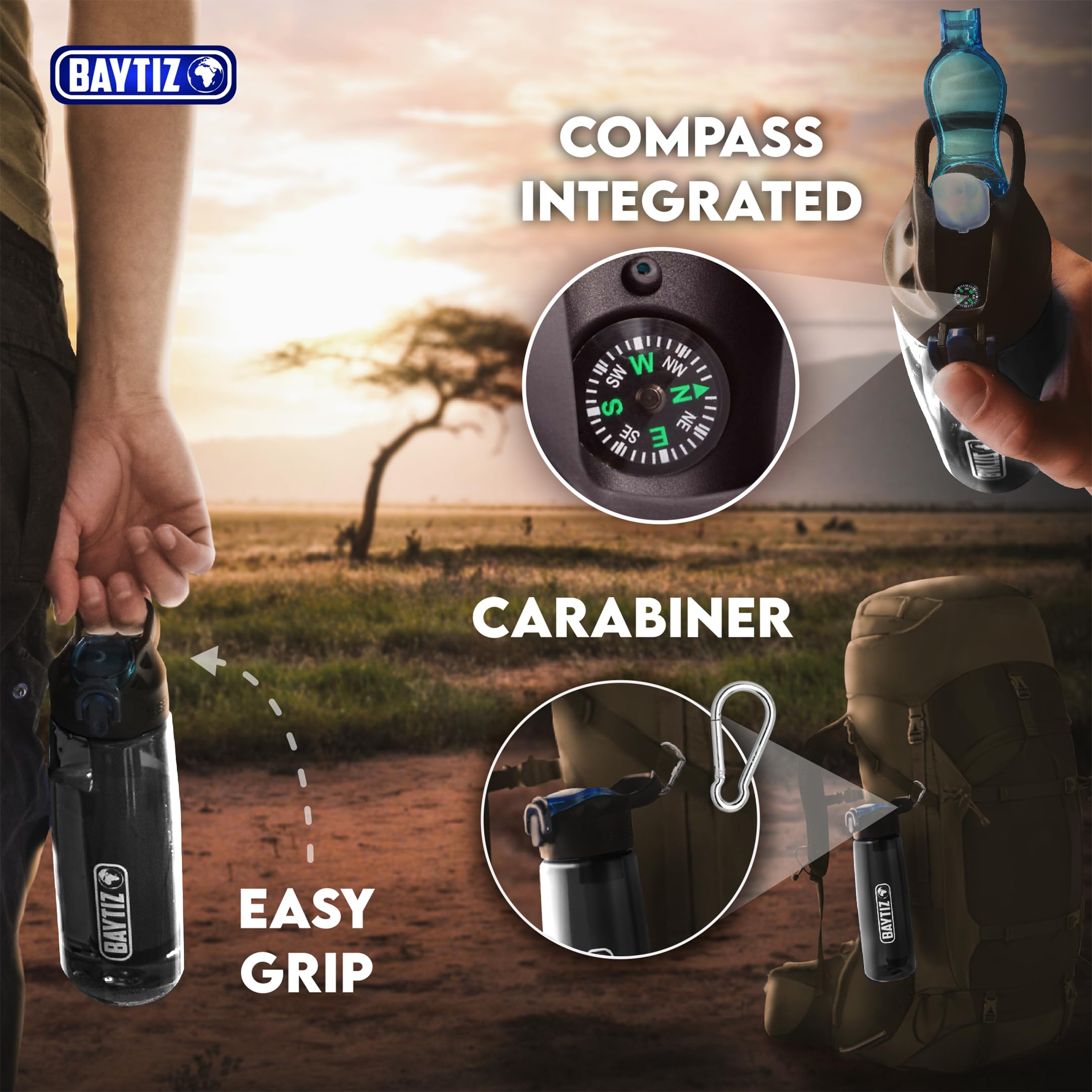 BAYTIZ ® Filtering Kalebas Actieve Kool Survival Straw -Fles Nomadisch Waterfilter: Trekking Camping Herbruikbare Purifier Kit Kalebas Kompas Regenzak Catastrofe Filteren Water Fles