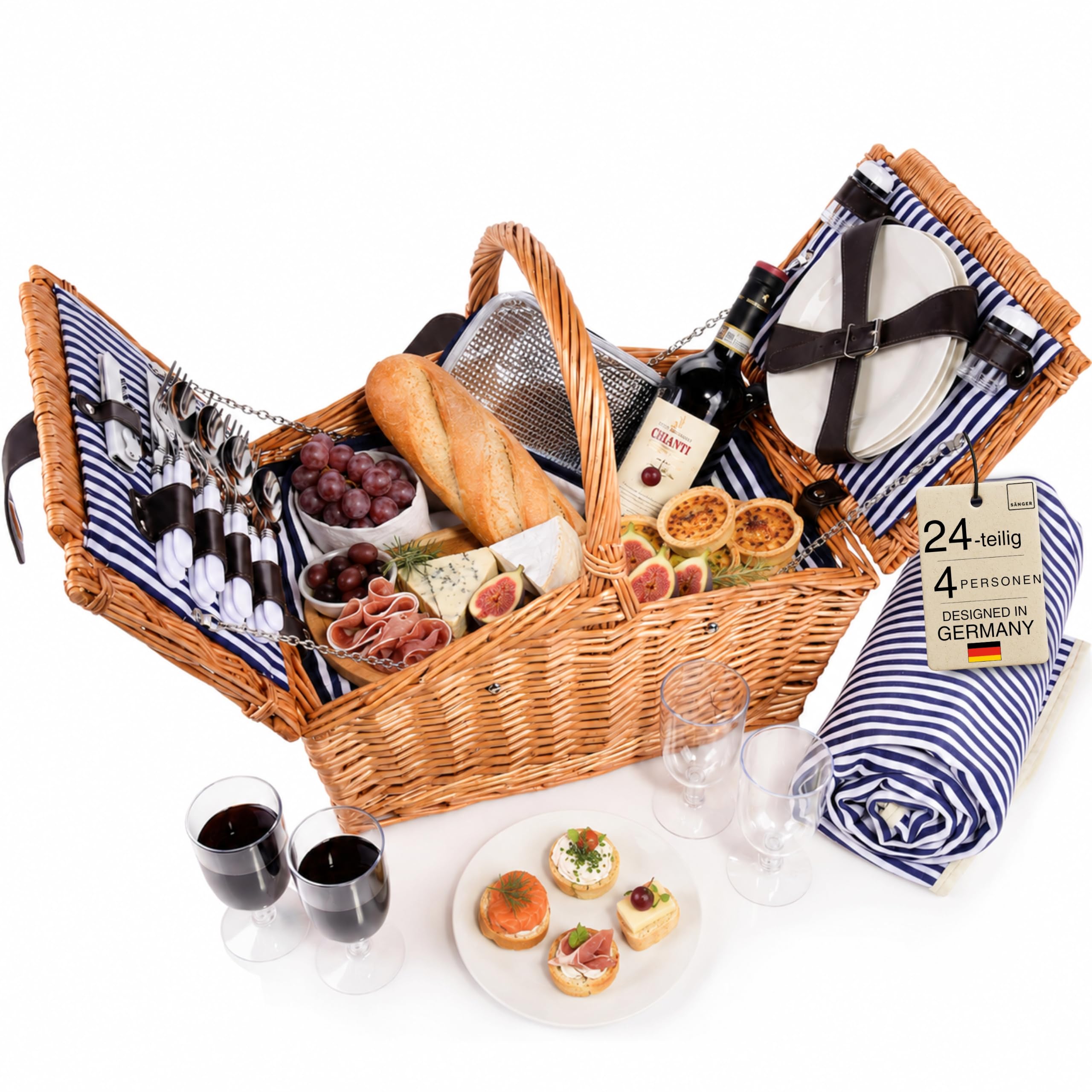 Sänger | Picknickkorb Sylt, 24-teiliges Komplettset für 4 Personen, Picknickkorb Groß, Picknick Decke & Geschirr