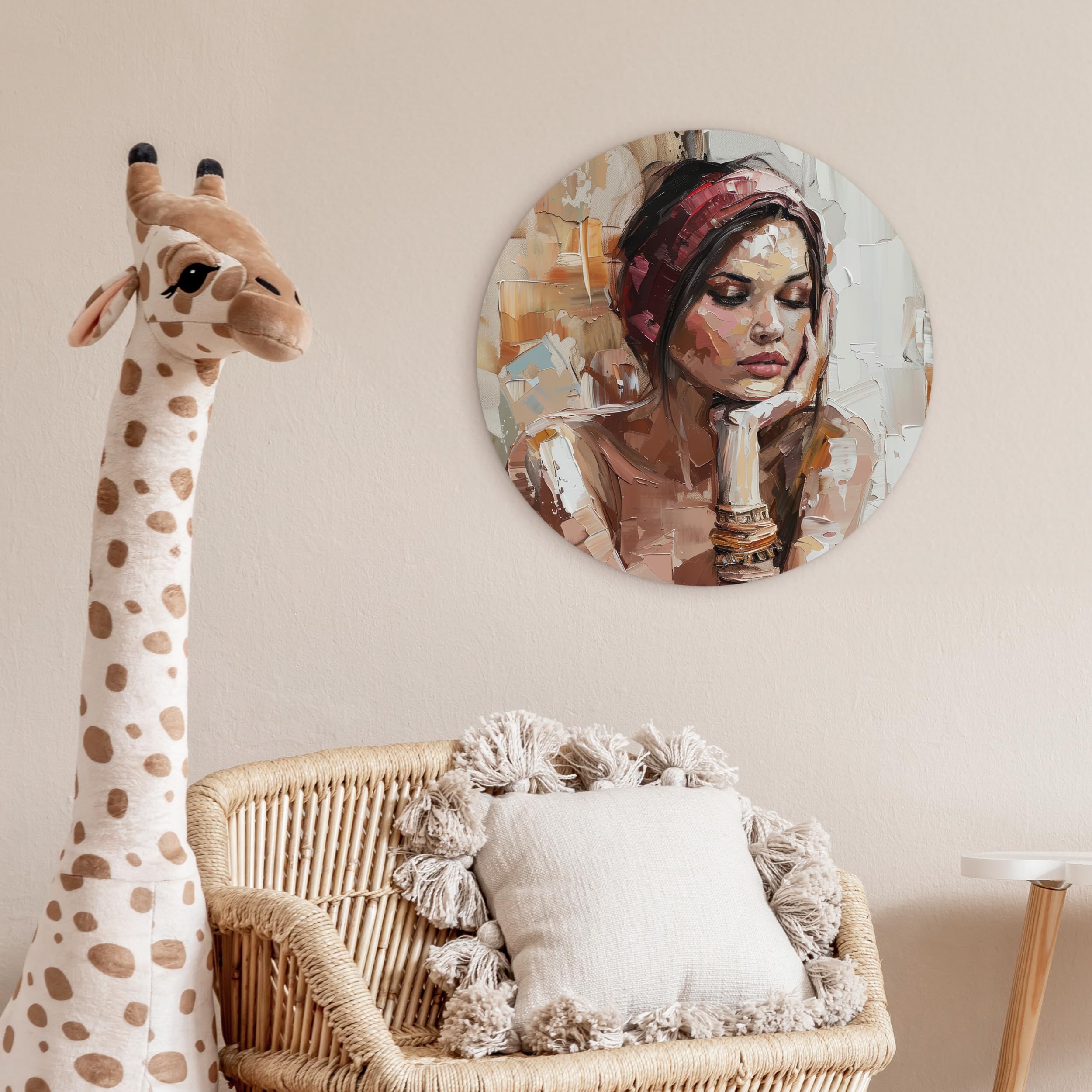 MuchoWow© Quadro Rotondo Ø60 cm Salotto Ufficio Cuadro Moderne Finestre Design Murale Bedroom Stanza Fiori Natura Soggiorni Grande Pareti Donna - Sguardo pittorico - Ritratto - Moderno