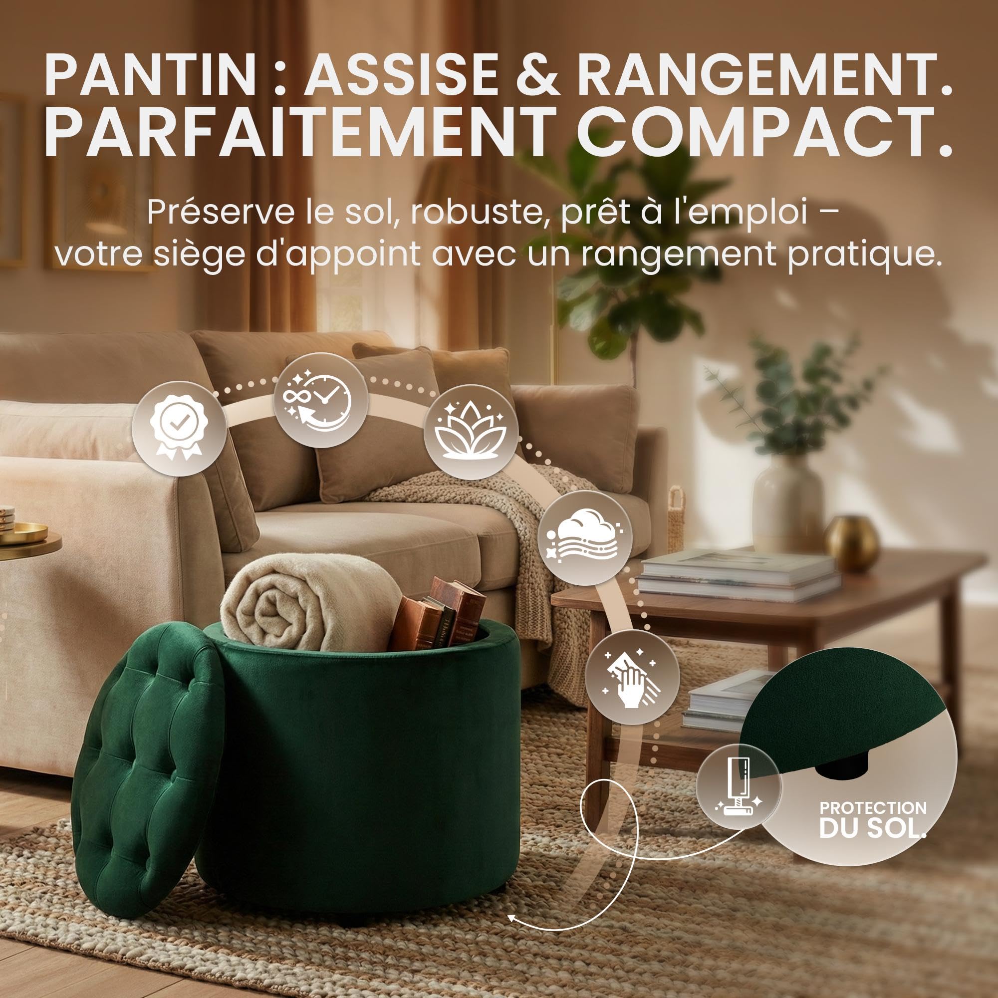 CLP Tabouret Rond avec Espace de Rangement Pantin Pouf capitonne en Velours Style Chesterfield pour Salon et Chambre | Couleur Vert