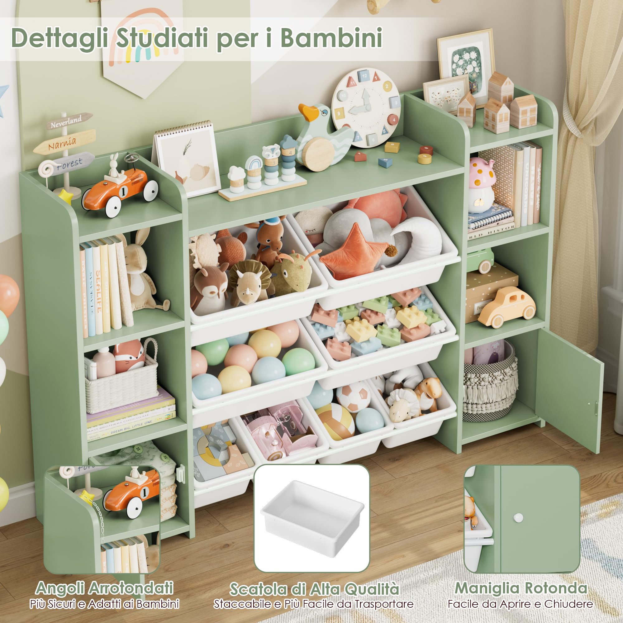 FOREHILL Scaffale per Giocattoli con 8 Contenitori Rimovibili in Plastica,Organizzatore Libreria per Bambini con Mensola Aperti, per Camera dei Giochi, 138.8 x94.3x29.6cm (Verde)