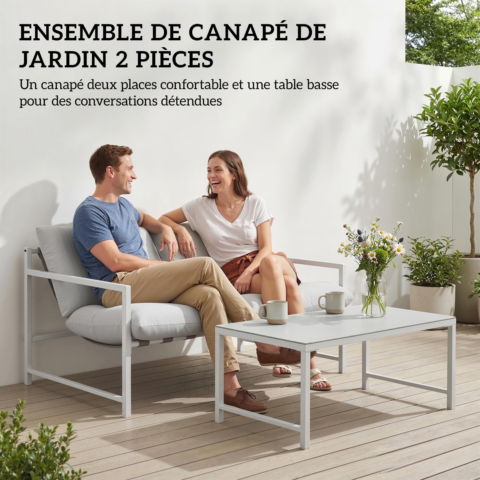 Outsunny Salon de Jardin Extérieur 2 Pièces, Canapé 2 Places avec 2 Coussins et Table Basse en Verre Trempé Marbré 3D, Mobilier de Jardin pour Terrasse Balcon Jardin, Acier, Gris Clair