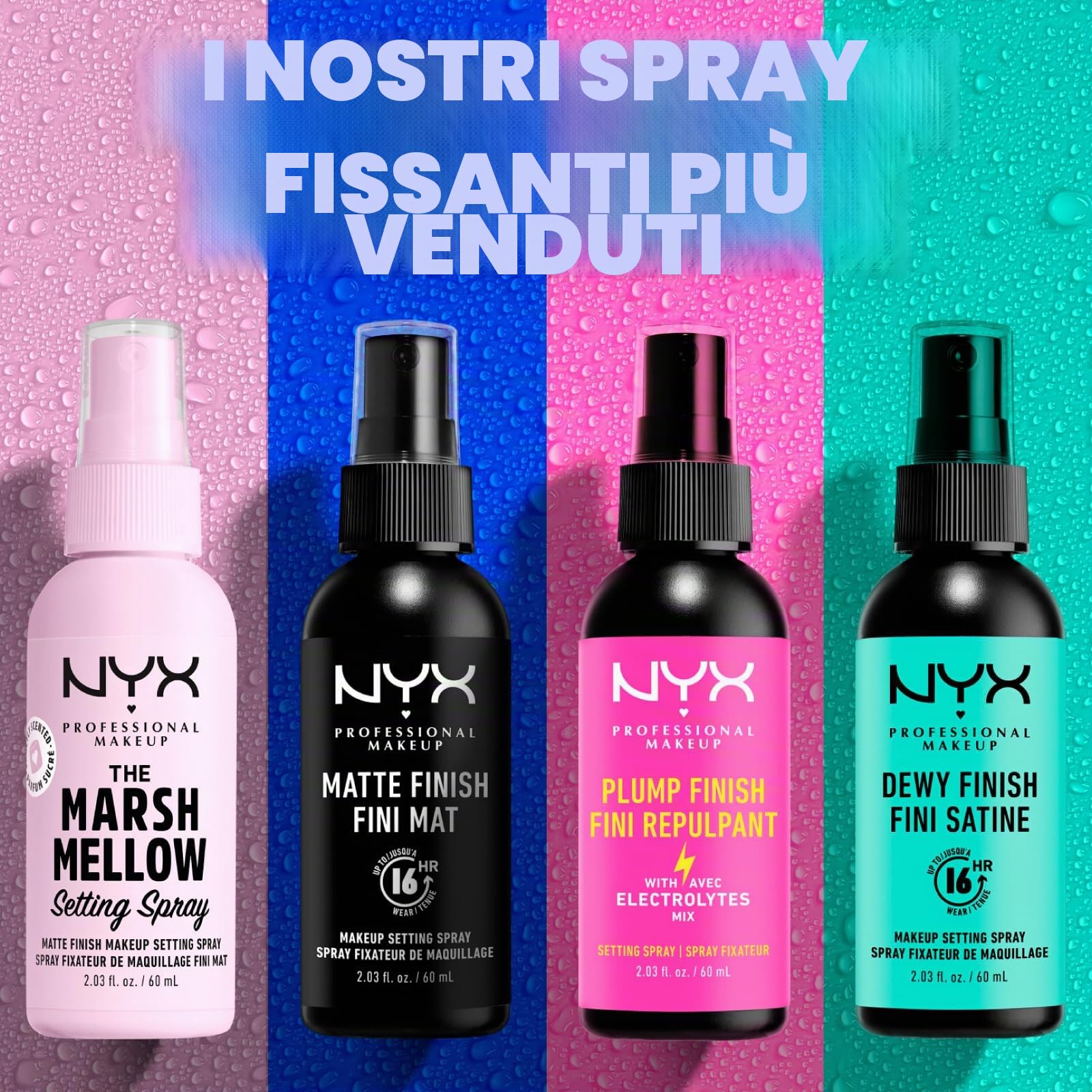 NYX Professional Makeup Spray Fissante Makeup Dewy Finish Lunga Tenuta 16h Effetto Luminoso Anti-Sbavature Formula Leggera No Transfer Vegana - 4 Flaconi da 60ml