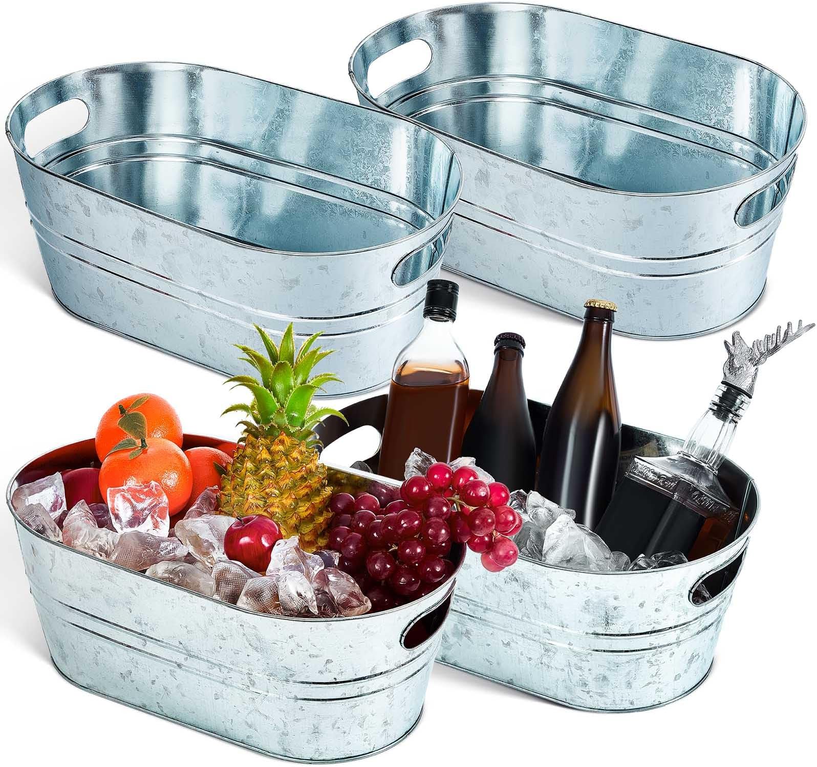 Tessco 4 Pcs 4 Gallon Galvanized Metal Ice Buckets Beverage Tubs for Parties Large Drink Tin Bins for Beer Wine Champagne Cocktail Cooler for Christmas Halloween Bar (Silver,Classic)
