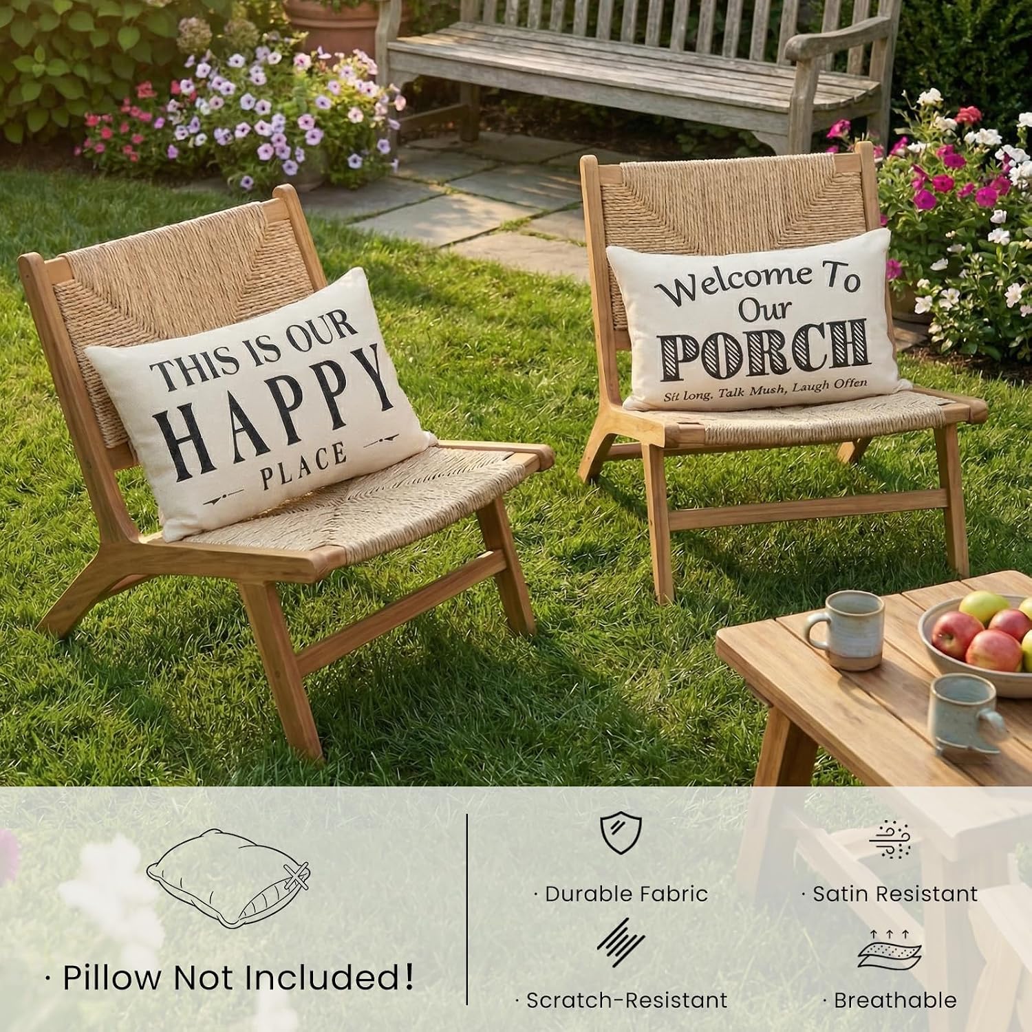 JOJOGOGO Welcome to Our Porch Outdoor Lumbar Pillow Covers Waterproof 12x20 Set of 2, Decorative Outdoor Lumbar Pillows 12 x 20, Front Porch Decor Patio Furniture Pillows (This is Our Happy Place)
