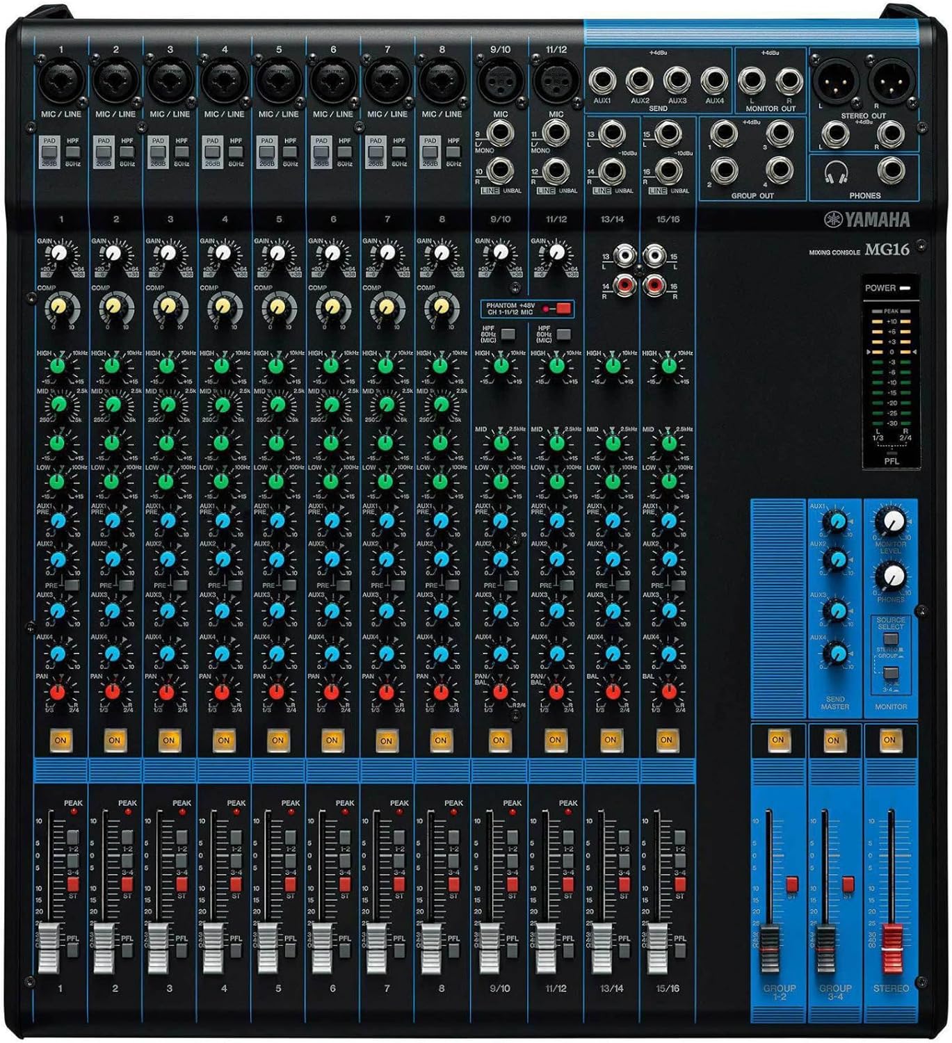 Top-down view of Yamaha MG16 mixer showing all input channels and controls