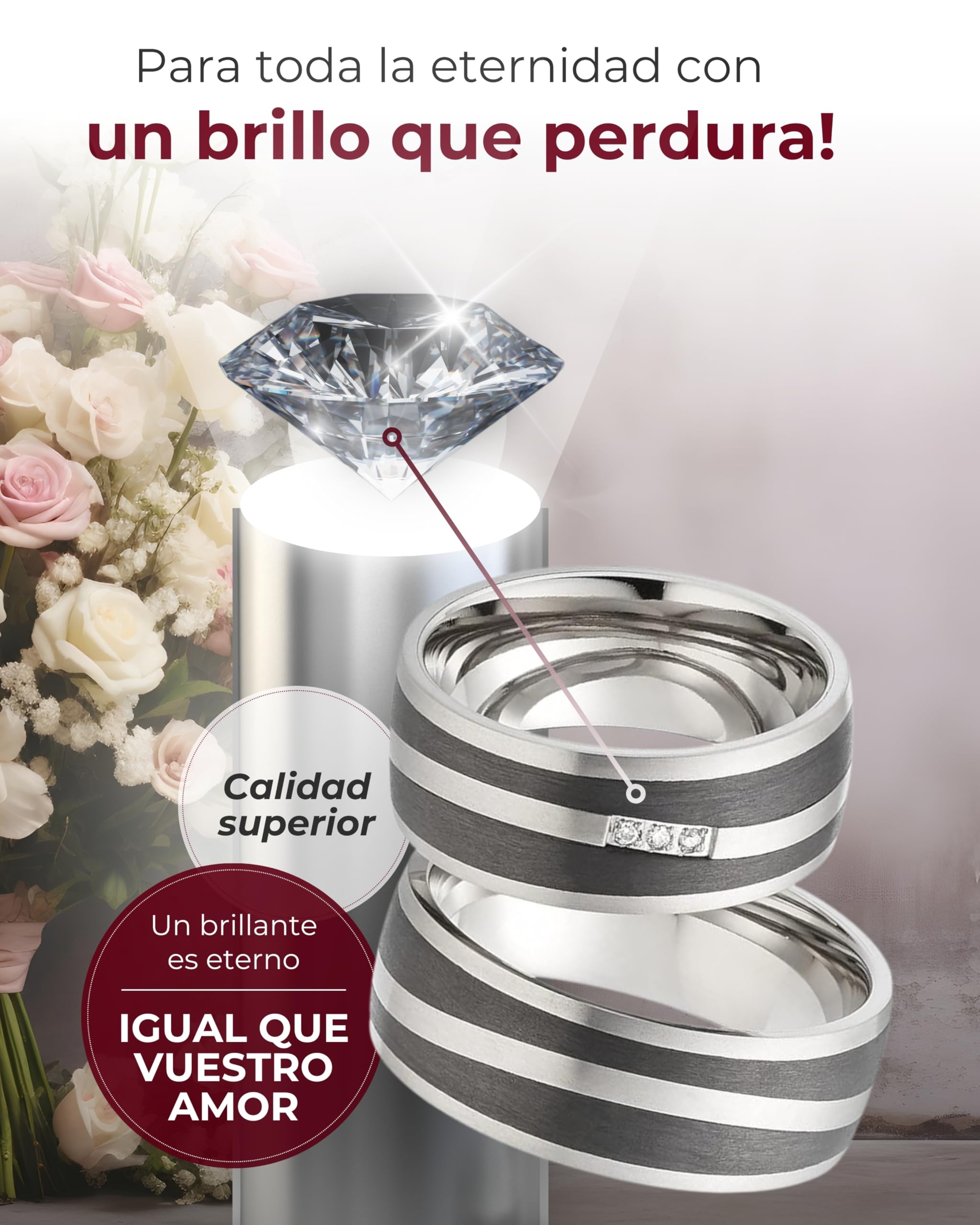 123traumringe Anillos de boda anchos con 3 brillantes en titanio/carbono en calidad de joyería (brillante/grabado/cinta métrica y estuche).P48